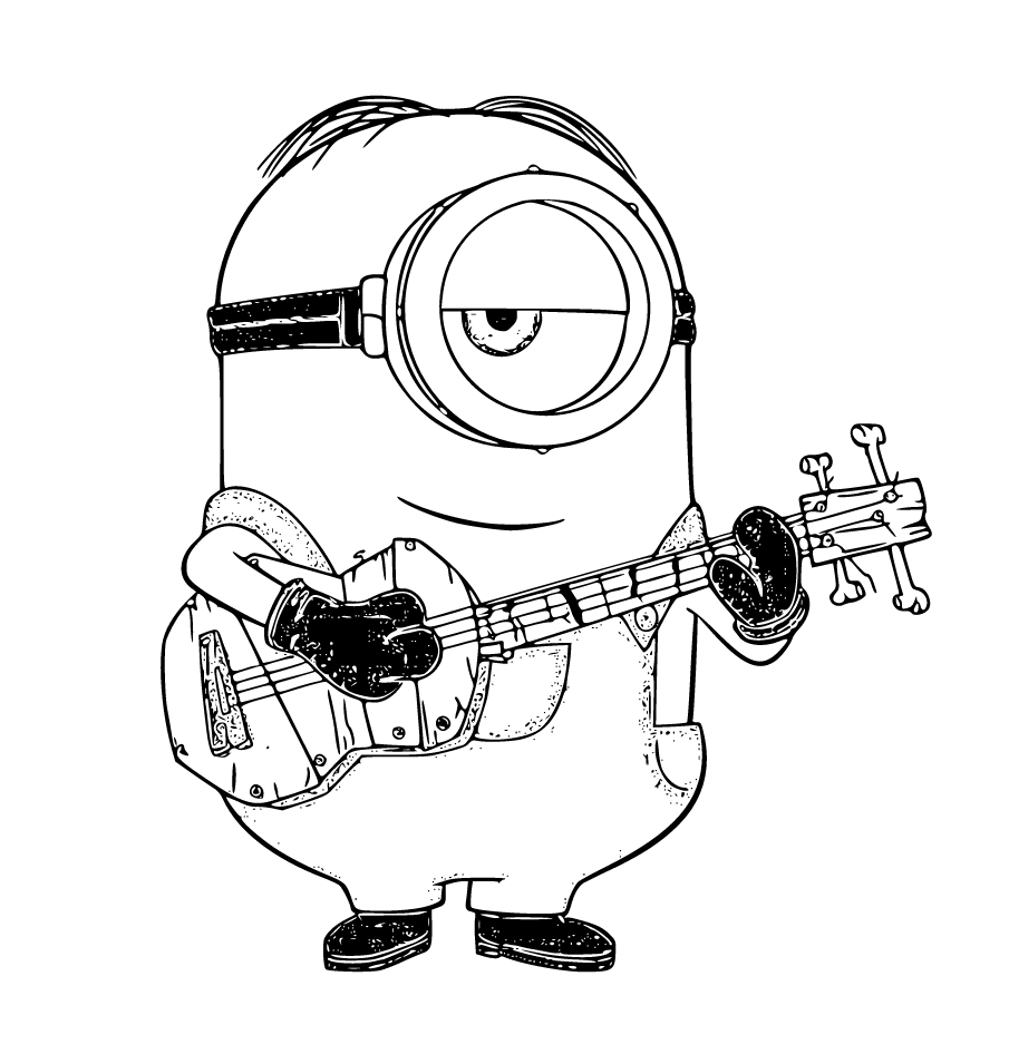 Printable Minion playing guitar Coloring Page for kids.