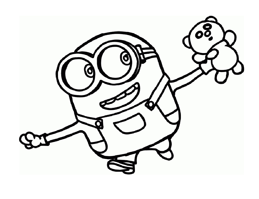 Printable Minion holding a toy bear Coloring Page for kids.