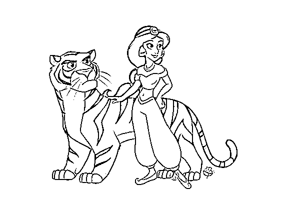 Printable Princess Jasmine stands near a tiger Rajah Coloring Page for kids.