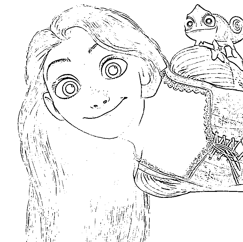Printable Rapunzel and Pascal looking at us Coloring Page for kids.