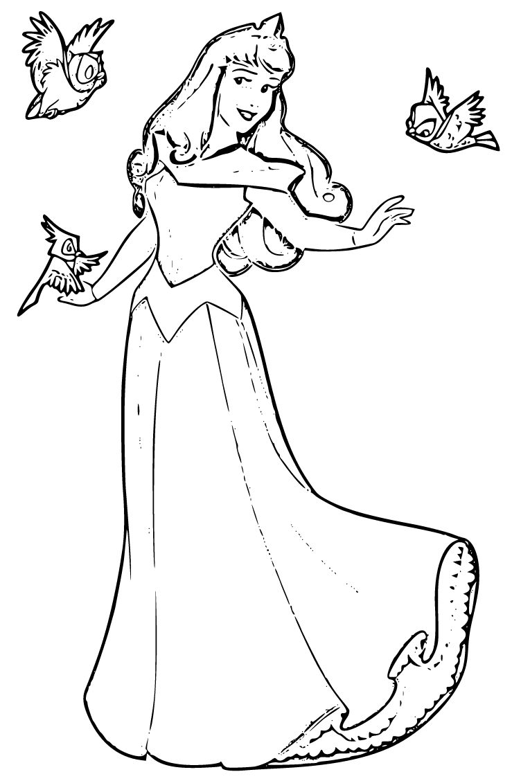Printable Sleeping Beauty and Birds sketch Coloring Page for kids.