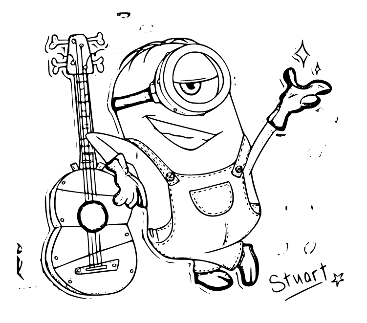 Printable Minion with a guitar Coloring Page for kids.