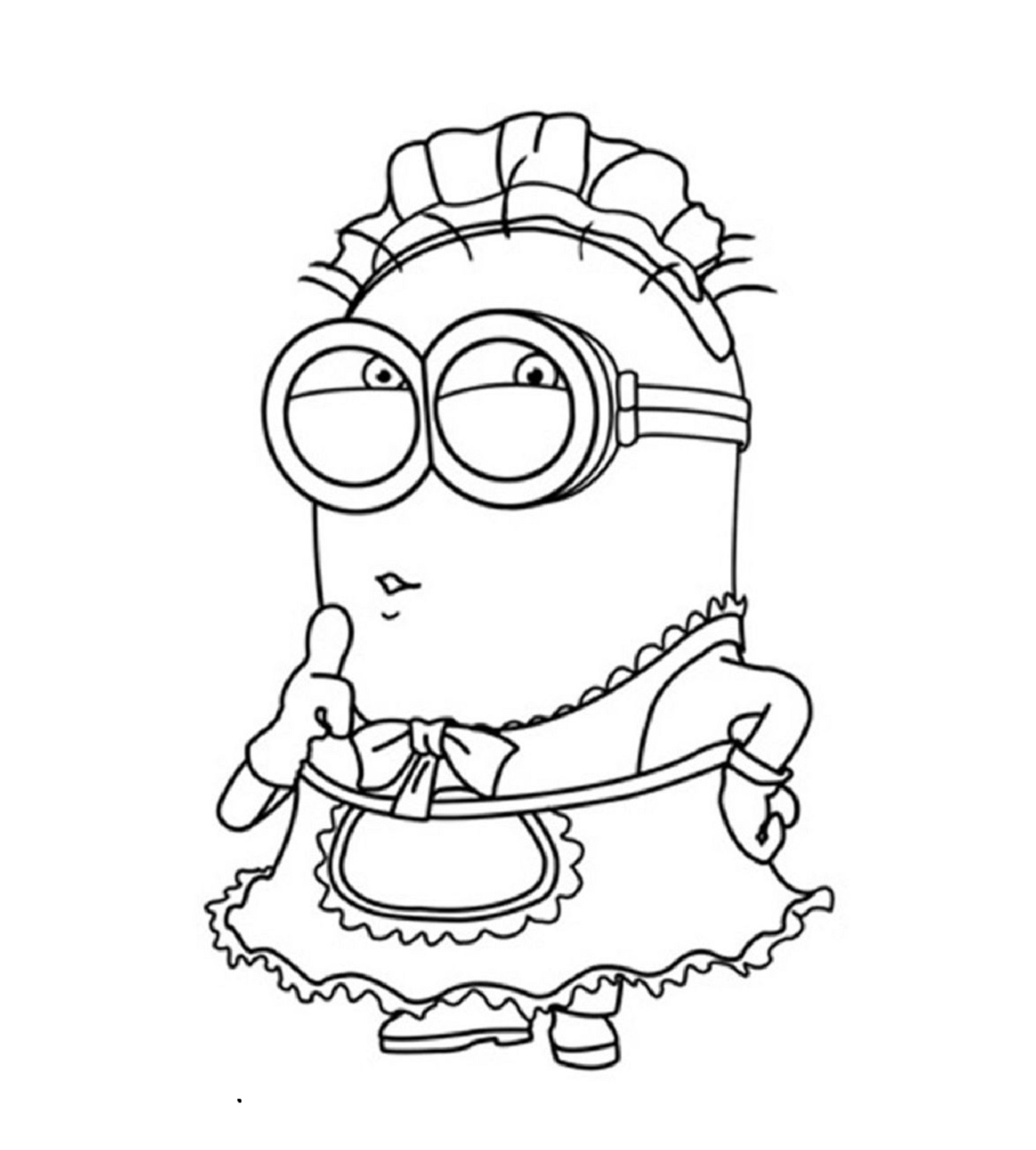 Printable Minion as Maid, thinking Coloring Page for kids.