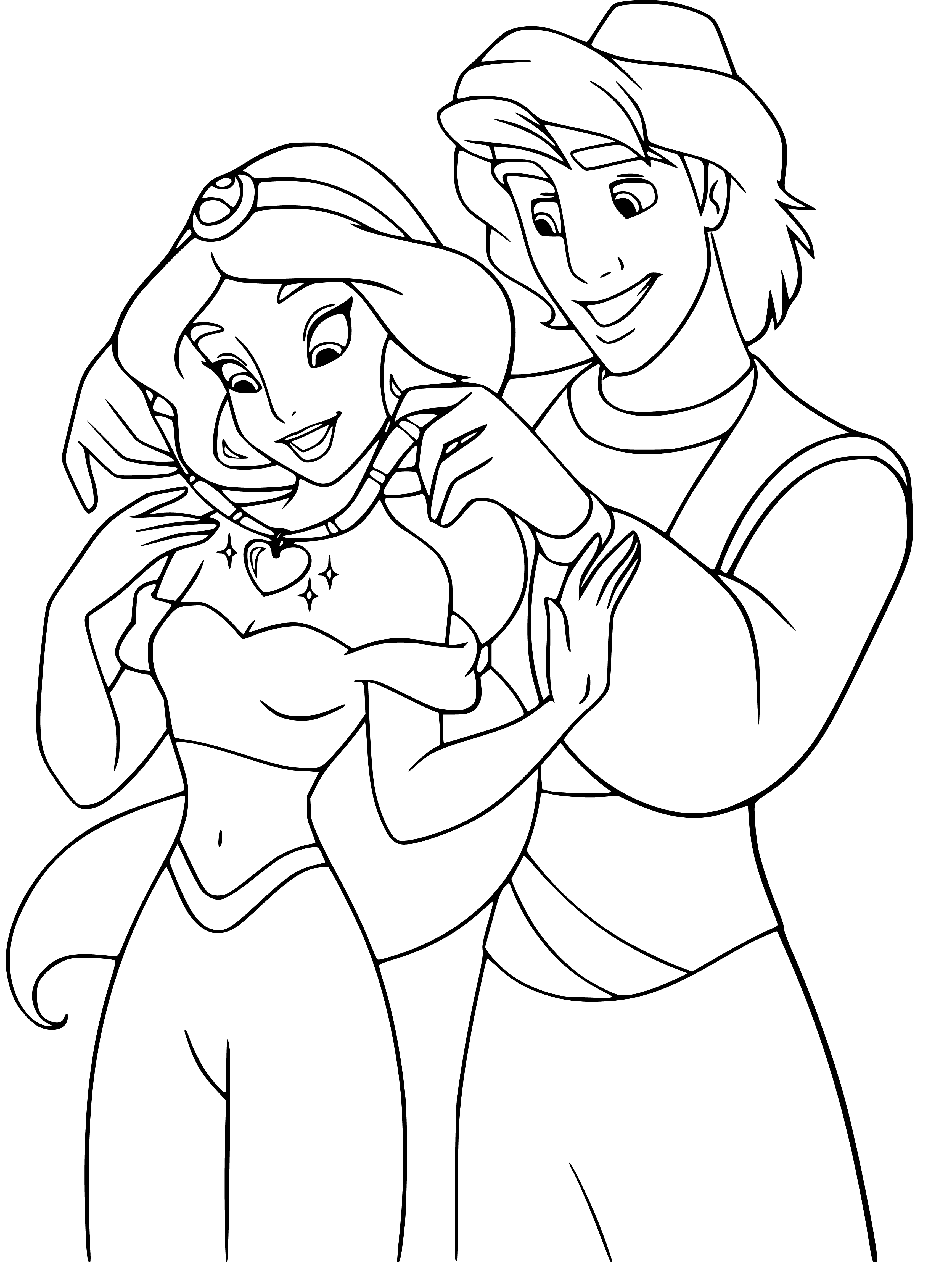 Princess Jasmine and Aladdin Coloring Page Printable for Kids, Free, Simple and Easy, as PDF