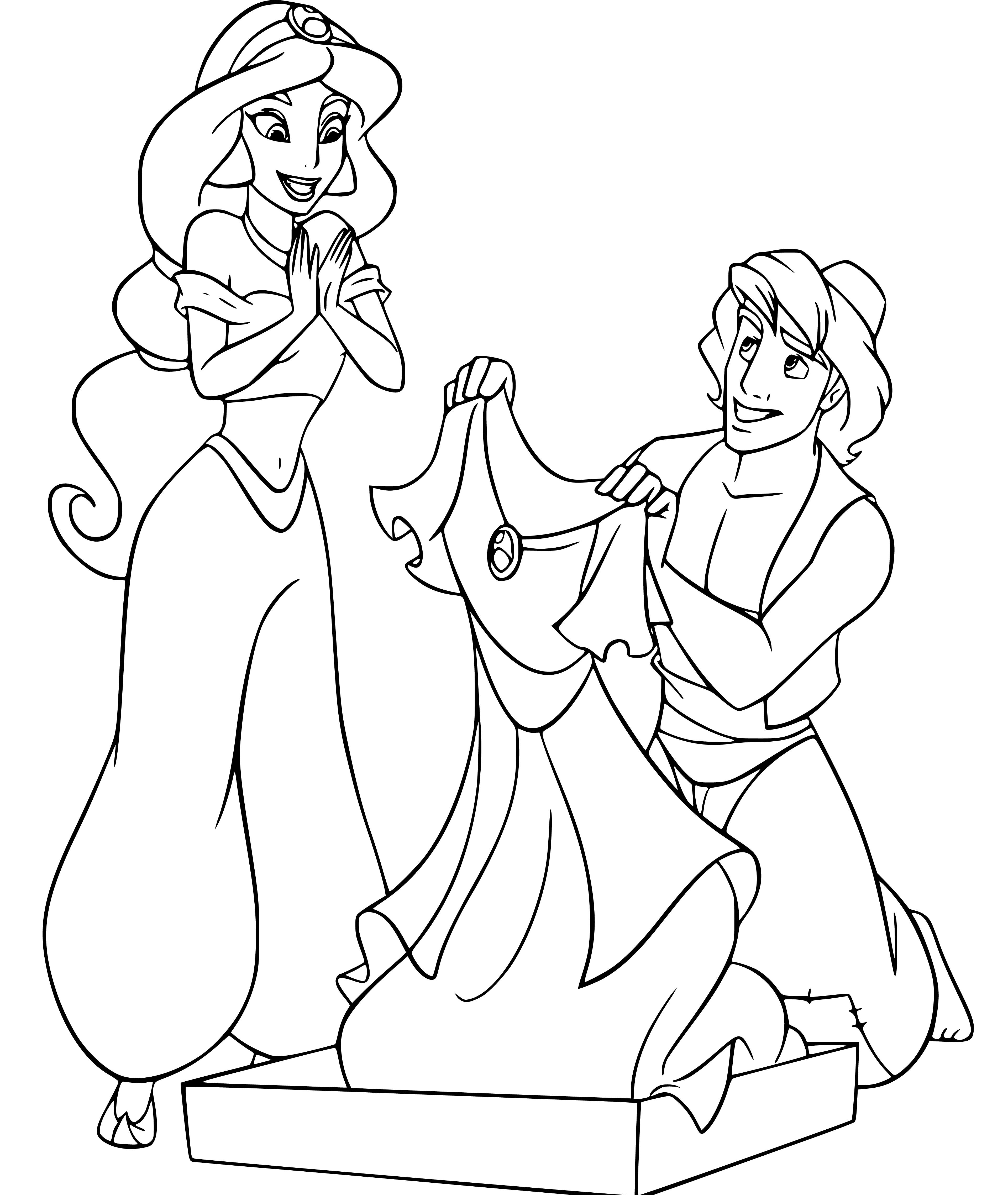 Printable Jasmine and Aladdin Coloring Page for kids.