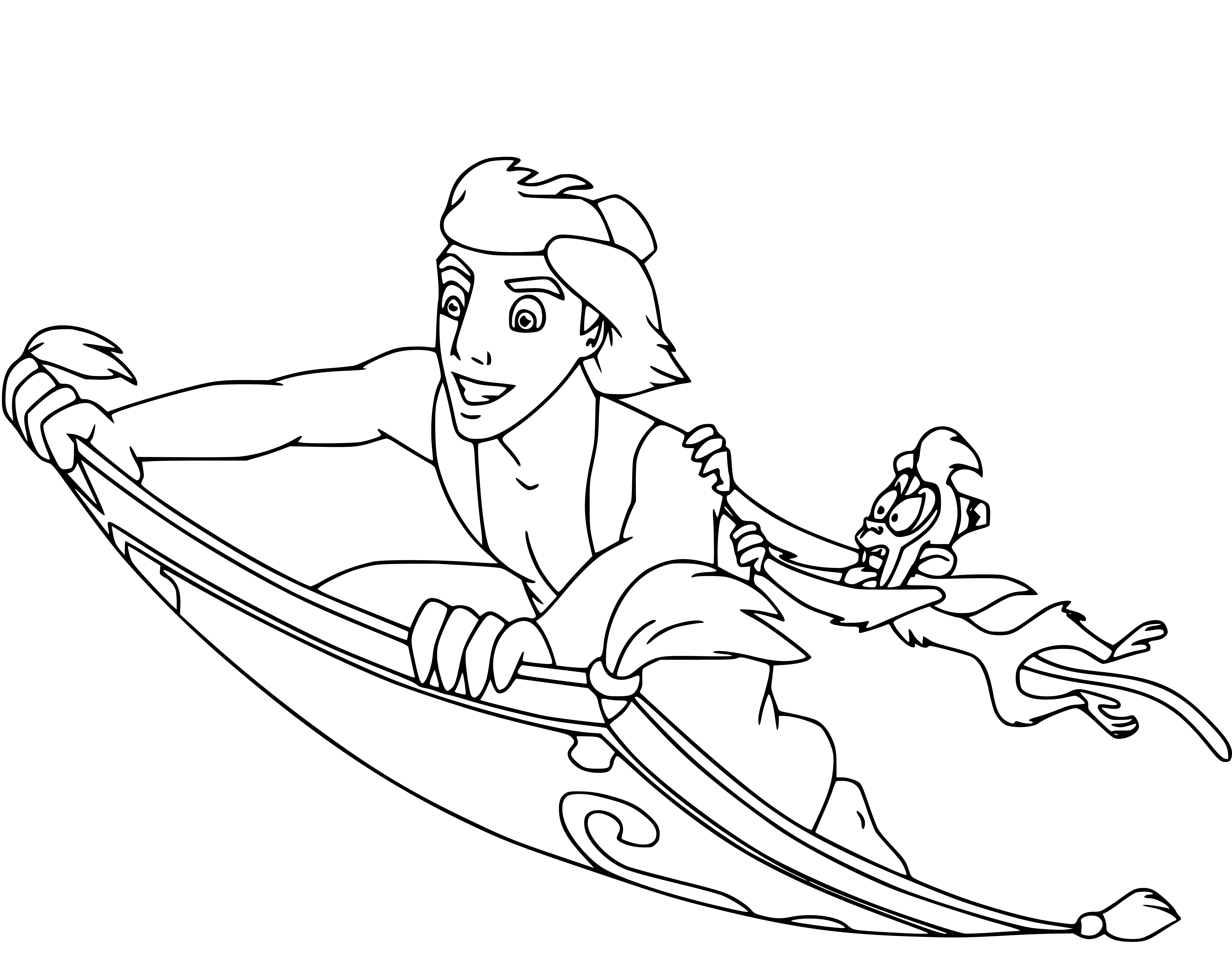Printable Aladdin on flying carpet Coloring Page for kids.