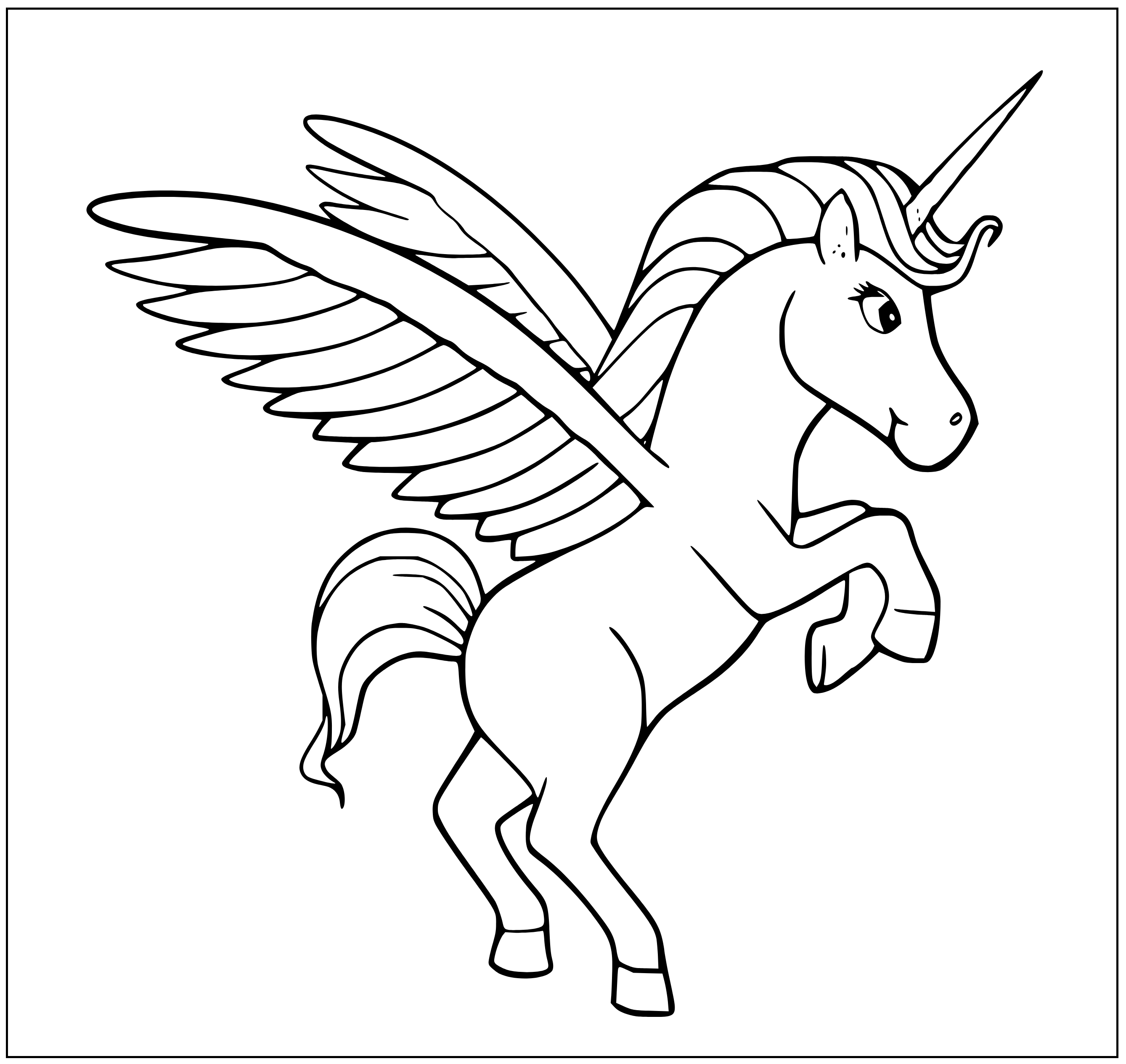 Printable Flying Alicorn black and white Coloring Page for kids.