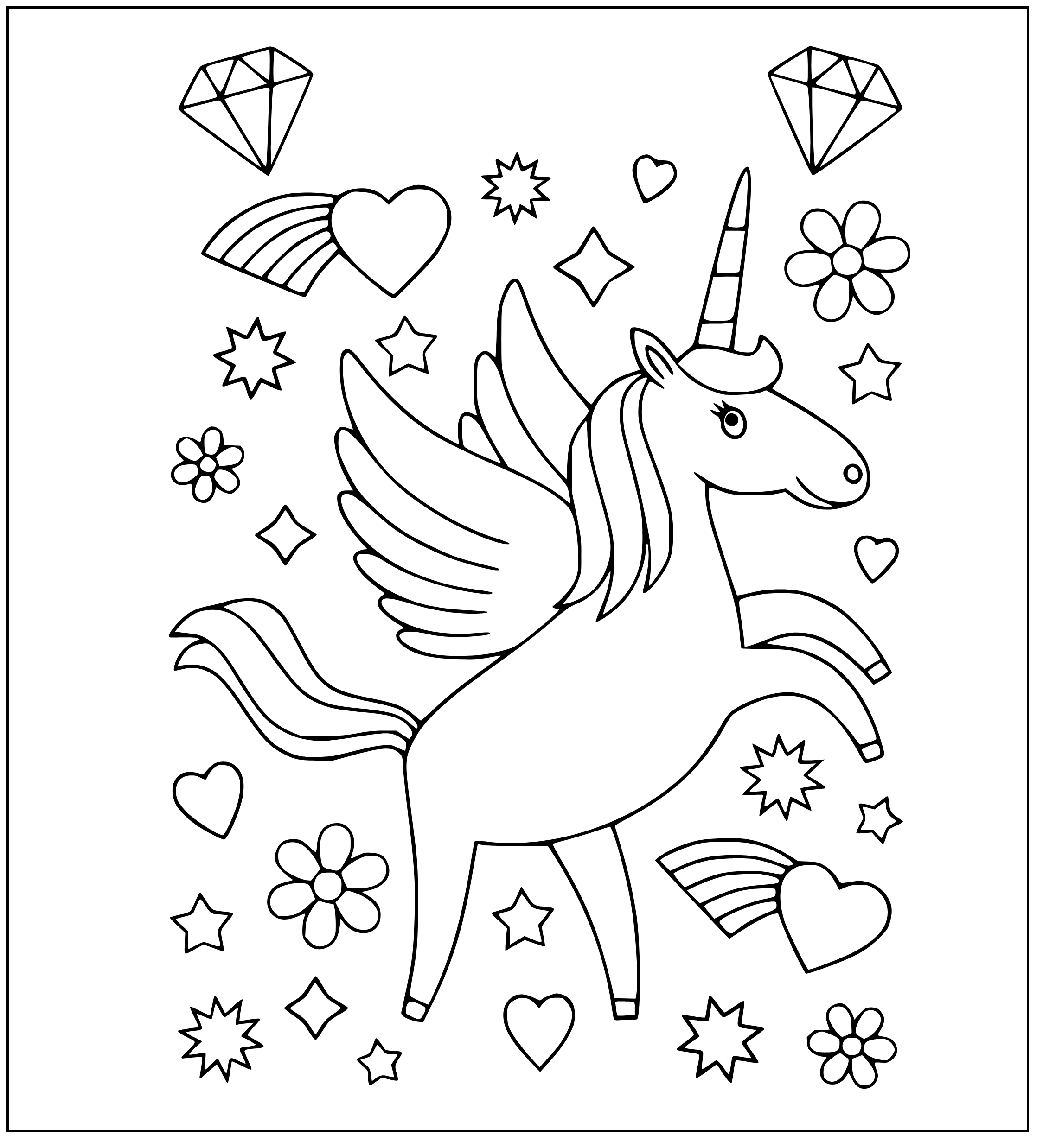 Printable Alicorn, Stars, Hearts and Flowers Coloring Page for kids.