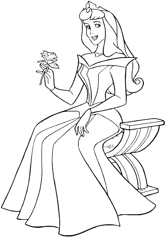 Printable Aurora holding a flower Coloring Page for kids.