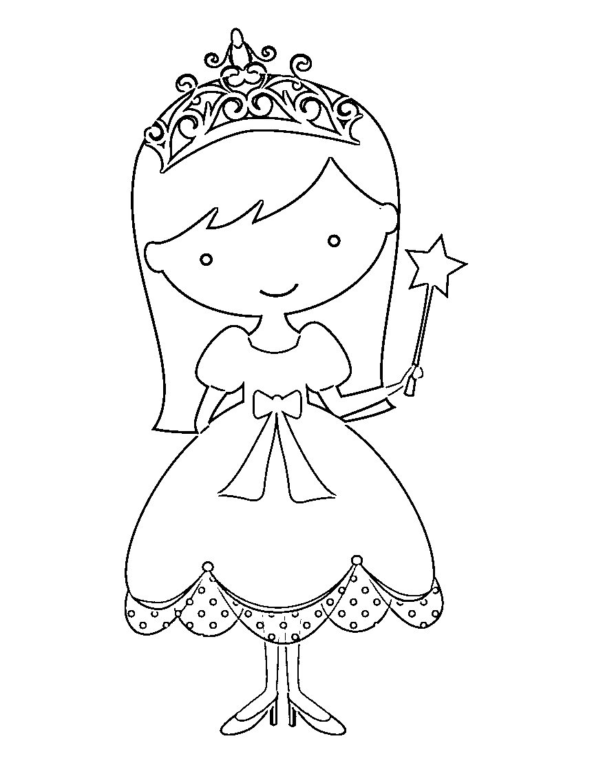 Printable Princess child girl holding a star wand Coloring Page for kids.