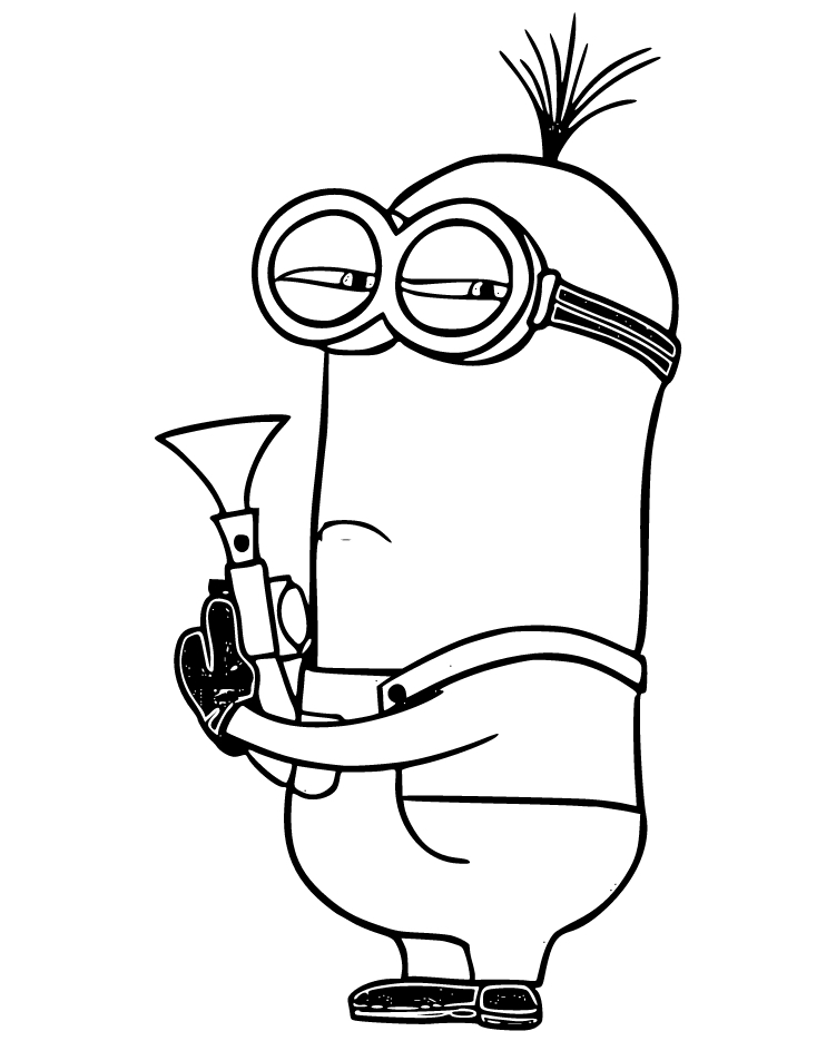 Printable Minion holding a trumpet Coloring Page for kids.