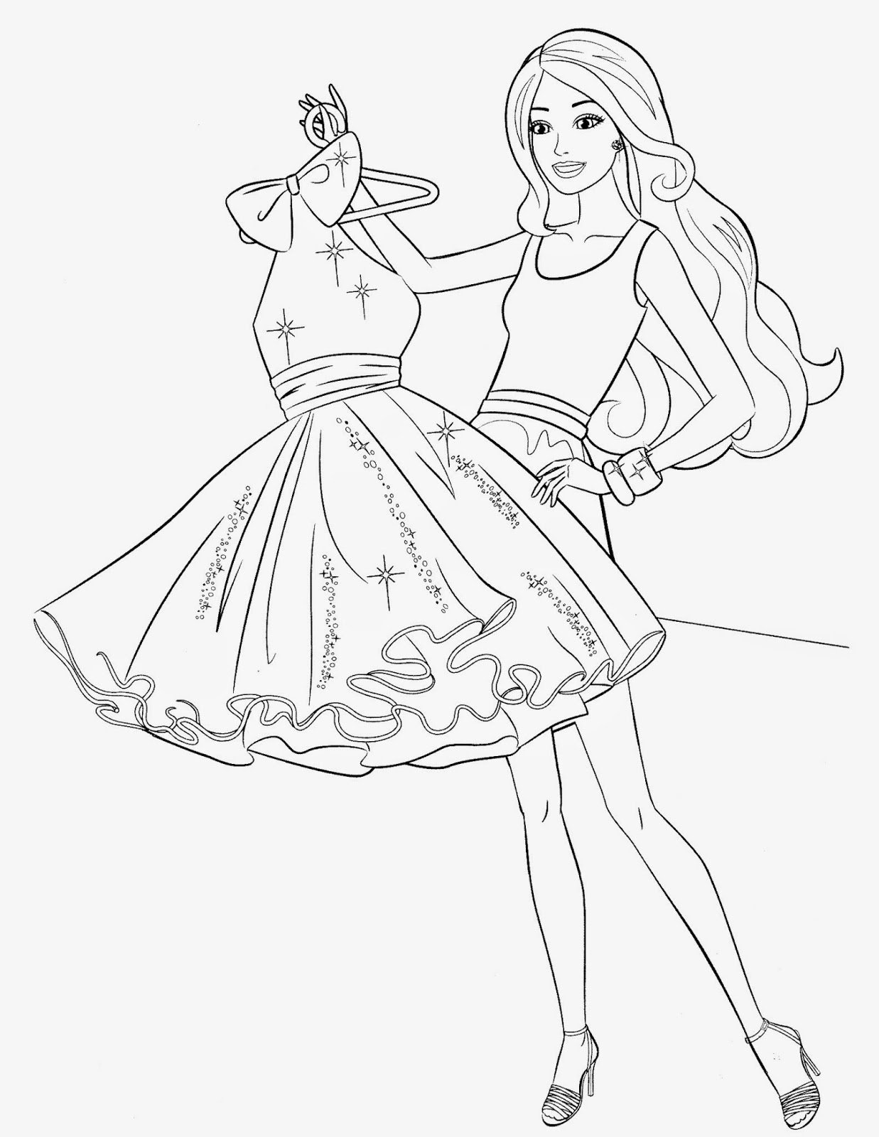 Printable Barbie holding a dress Coloring Page for kids.