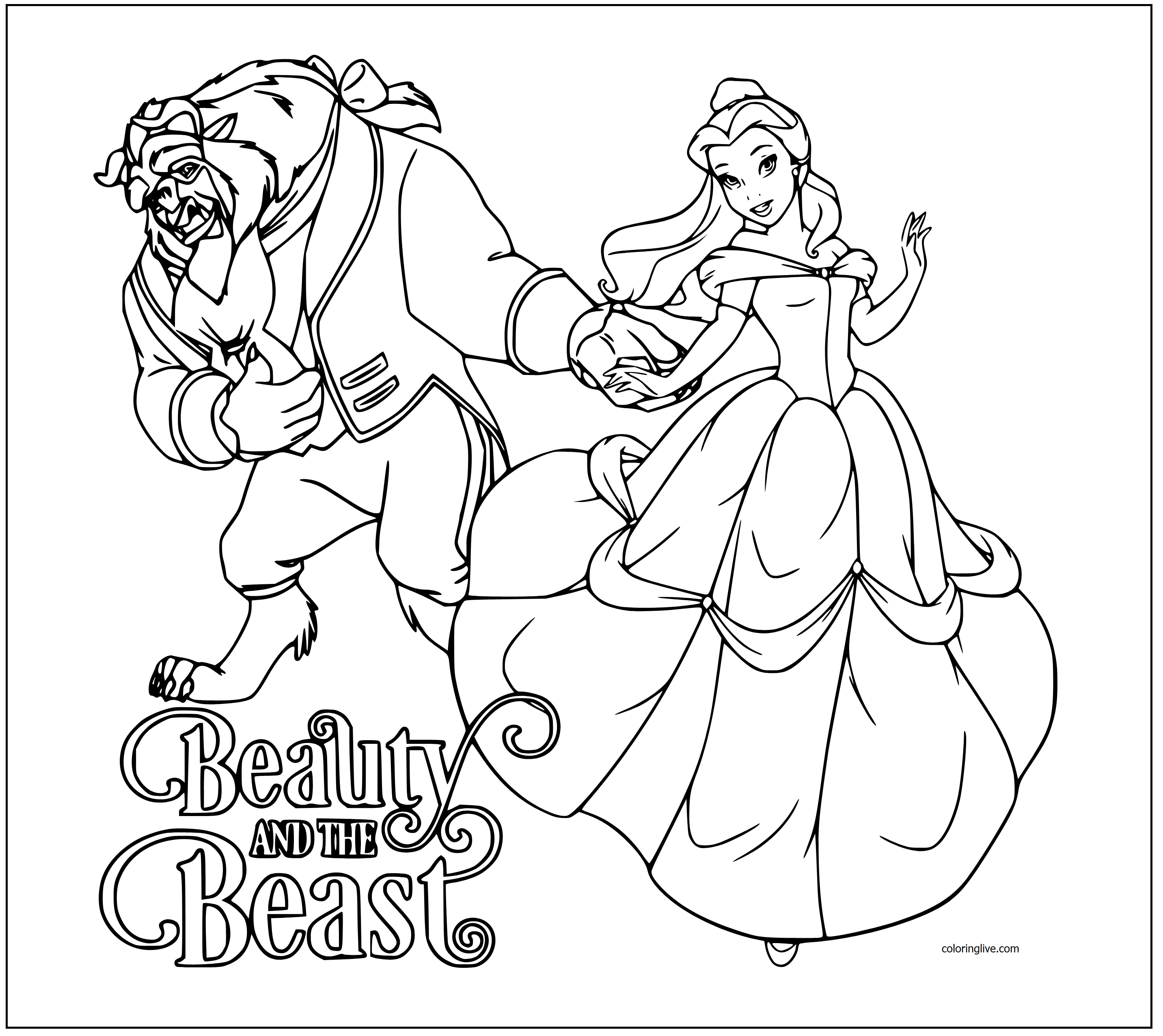 Printable Belle the beauty and the beast Coloring Page for kids.