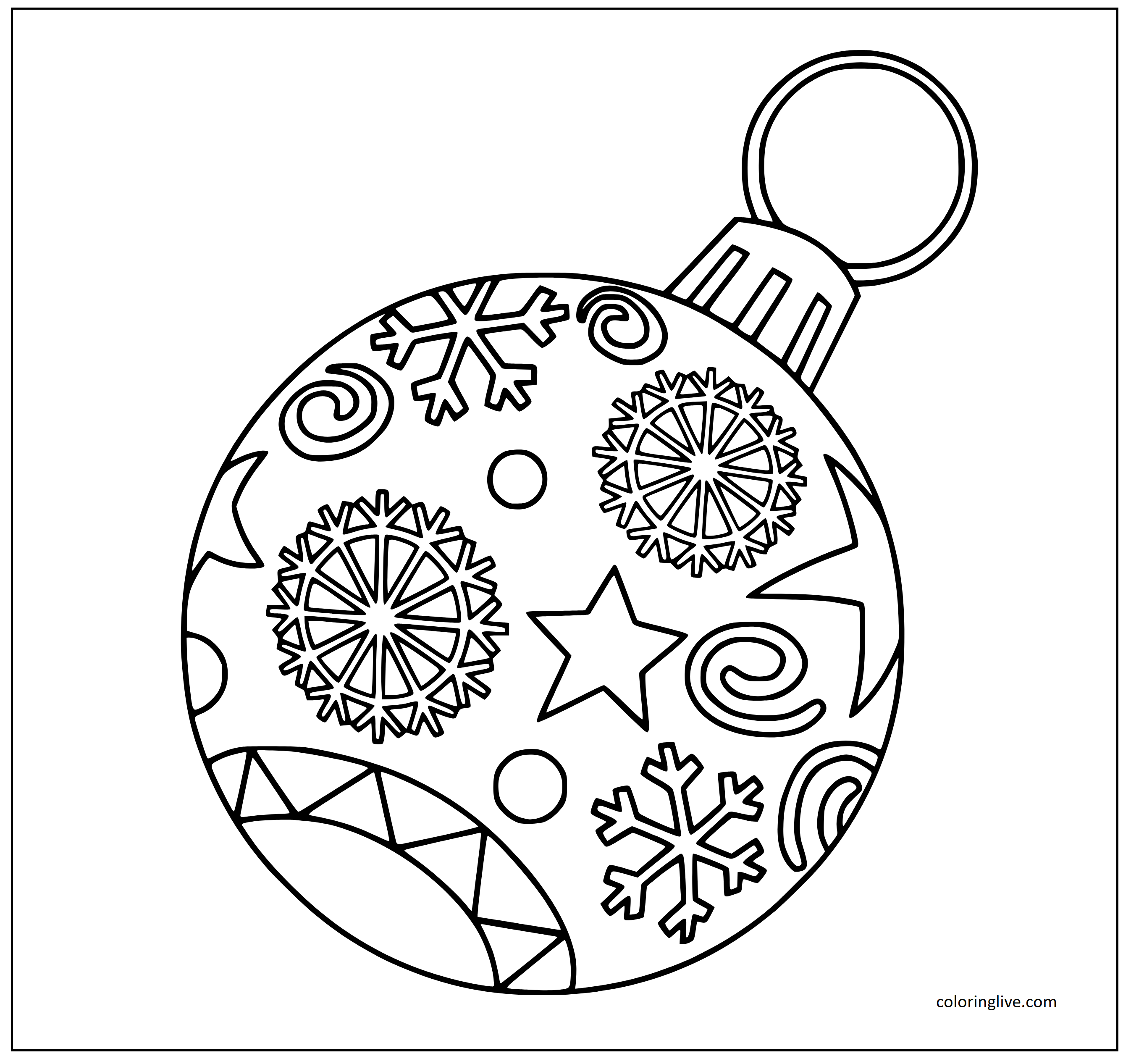 Printable Snowflakes, Stars in a Christmas Ornament Coloring Page for kids.
