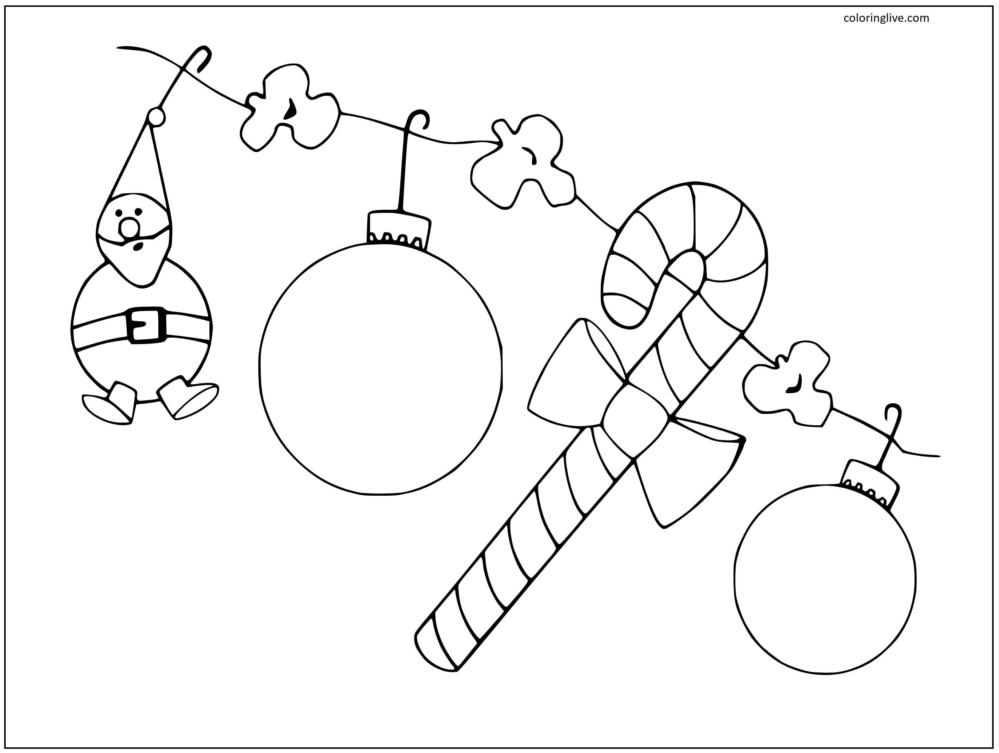 Printable Christmas Ornaments, Candy Cane, Bulbs Coloring Page for kids.