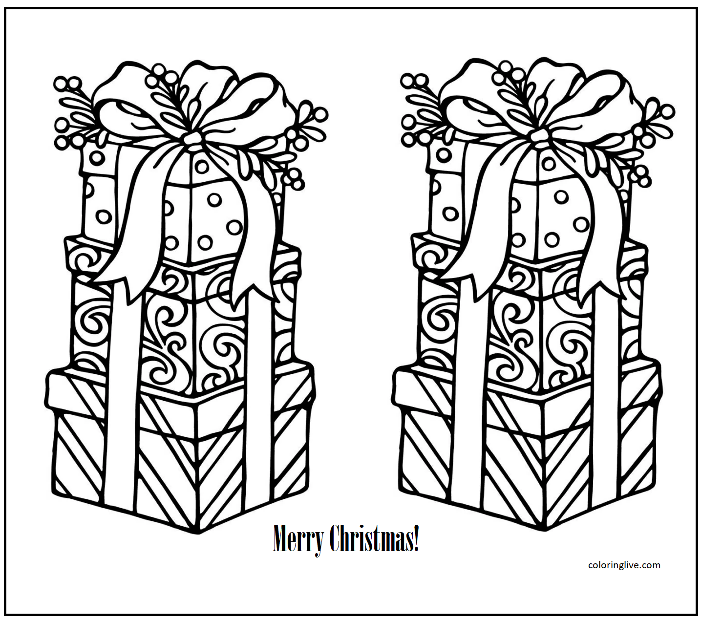 Printable Merry Christmas Present  Sheet Coloring Page for kids.