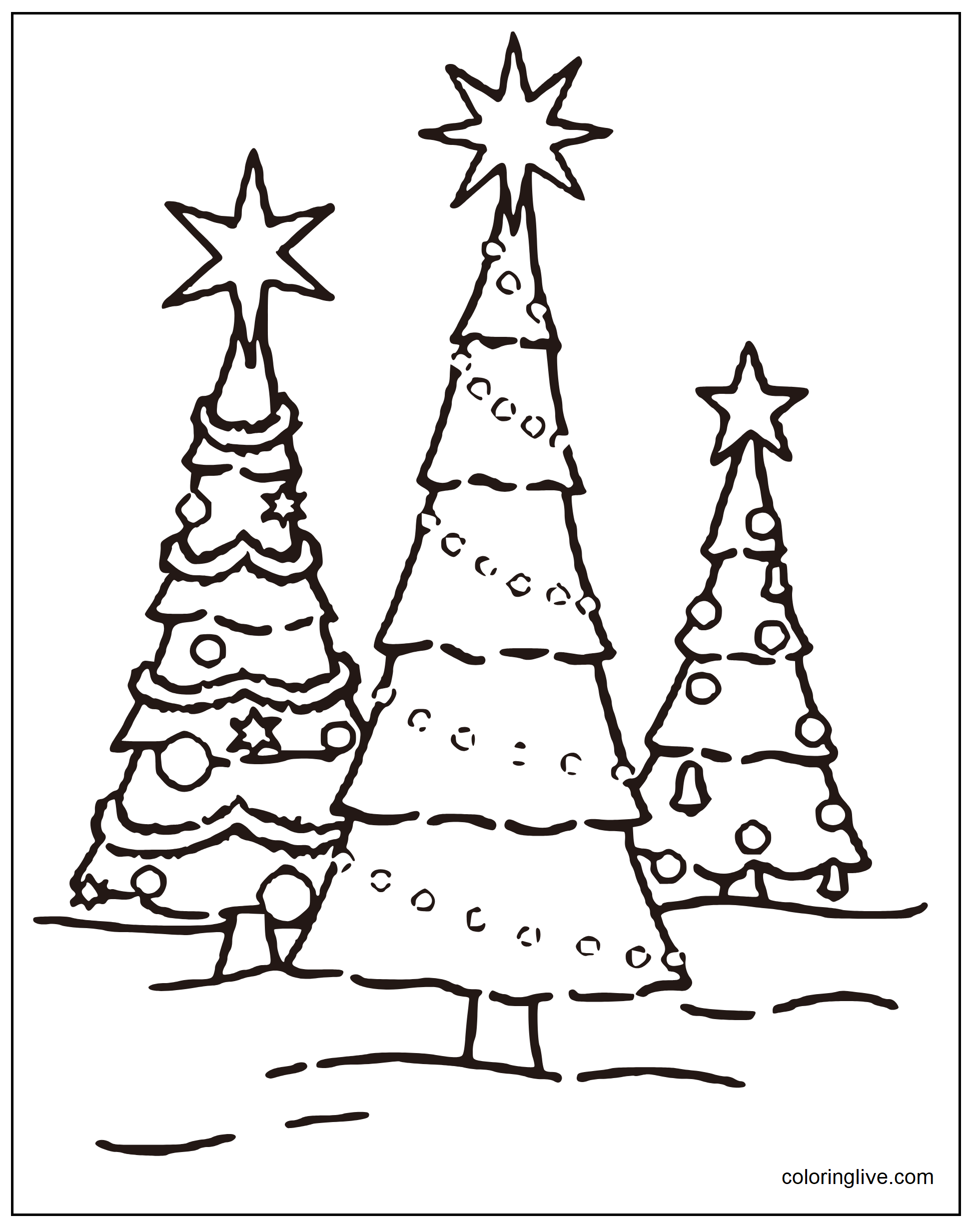 Printable Three christmas trees together Coloring Page for kids.