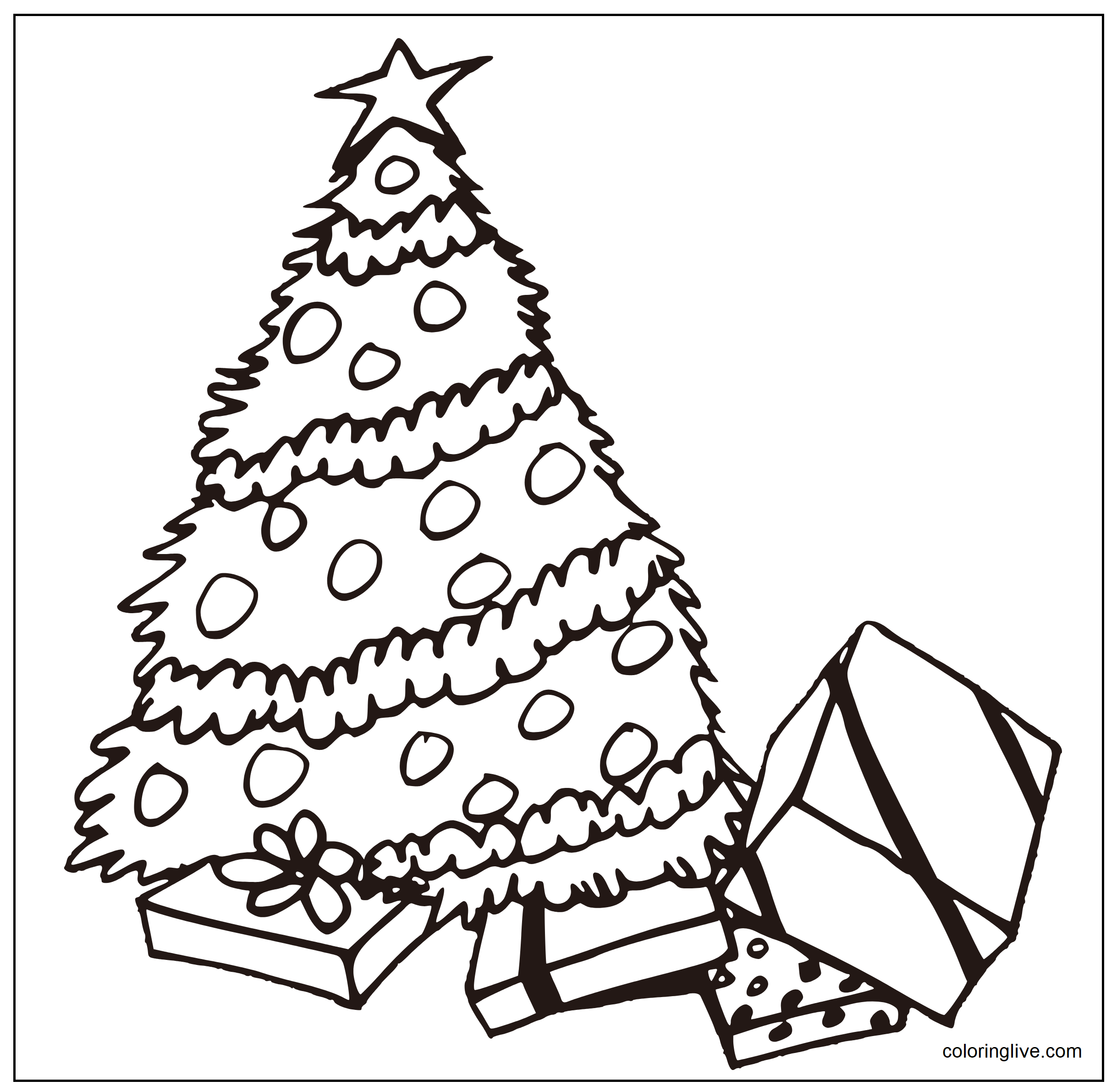 Printable Christmas tree and gifts Coloring Page for kids.