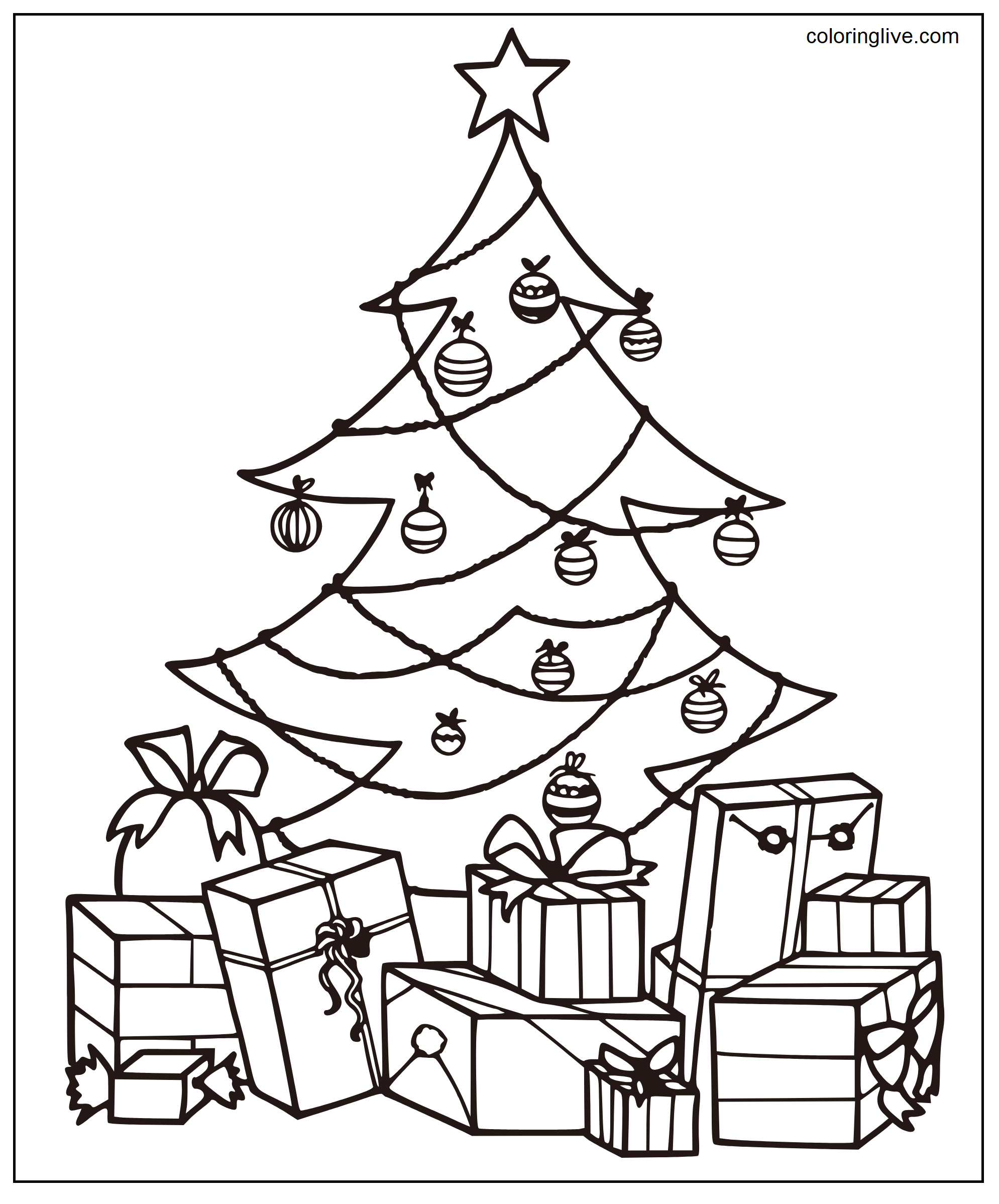 Printable Gifts and Christmas tree  sheets Coloring Page for kids.