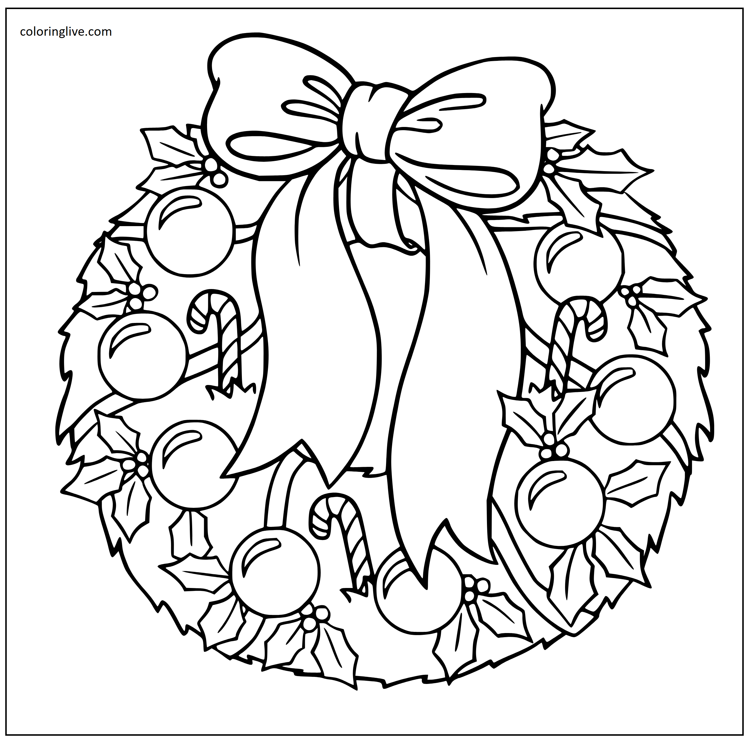 Printable a Beautiful Christmas Wreath Coloring Page for kids.