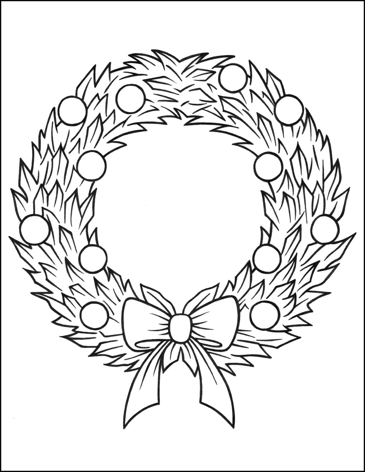 Printable Christmas Wreath with a Bowknot Coloring Page for kids.