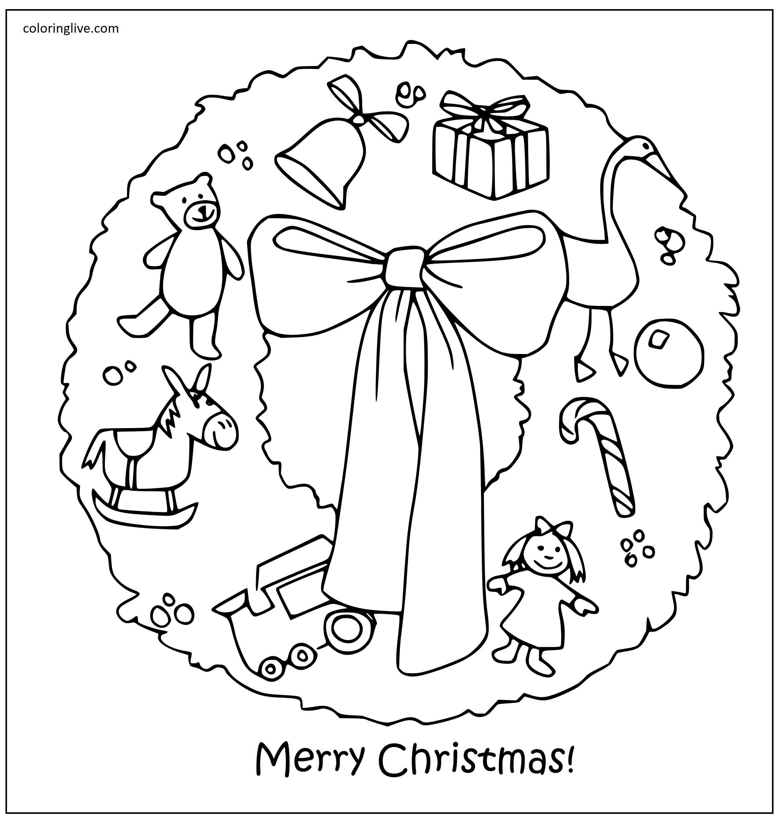 Printable Wreath with Christmas Gifts Coloring Page for kids.