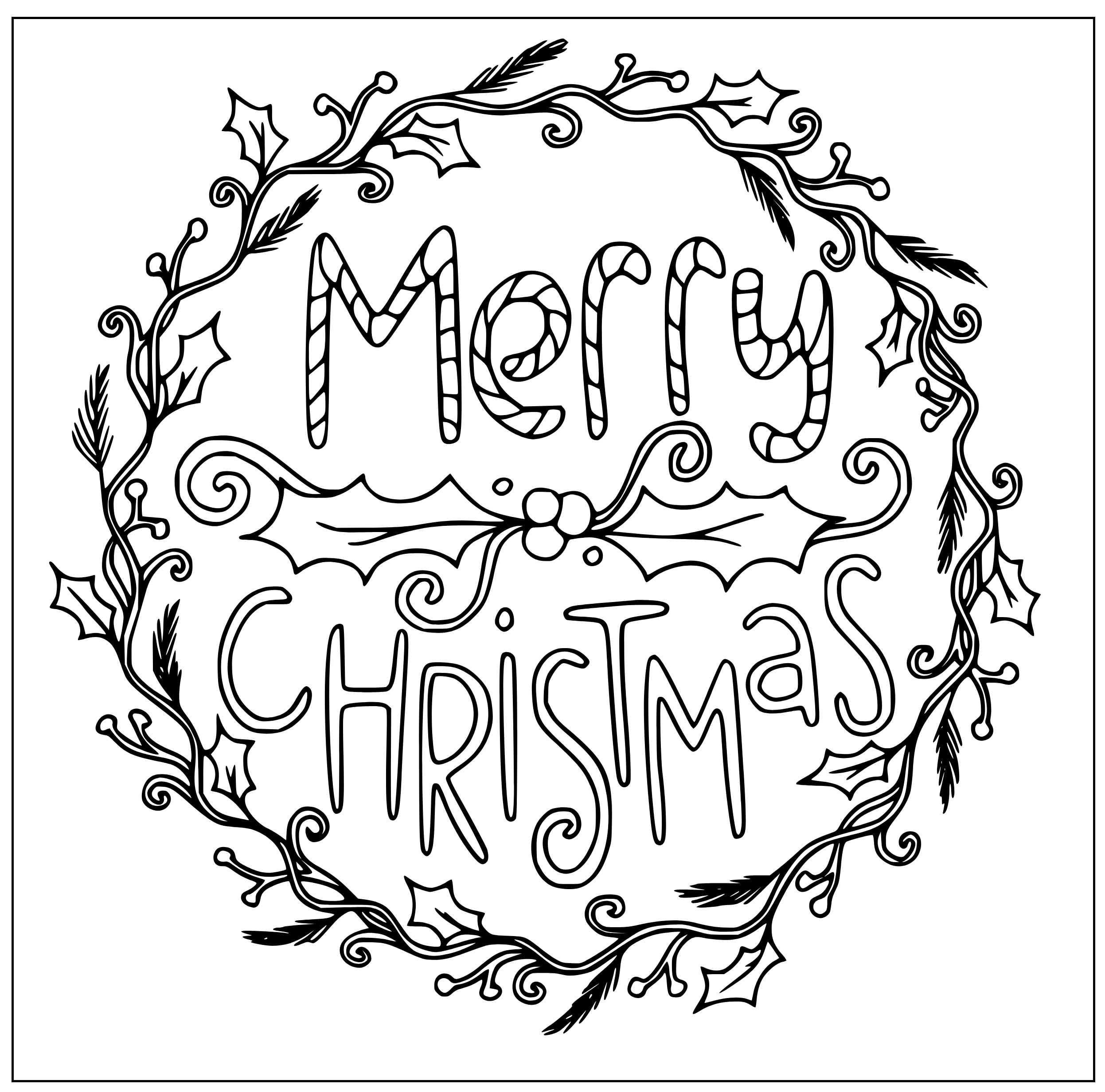 Printable Merry Christmas Wreath Coloring Page for kids.