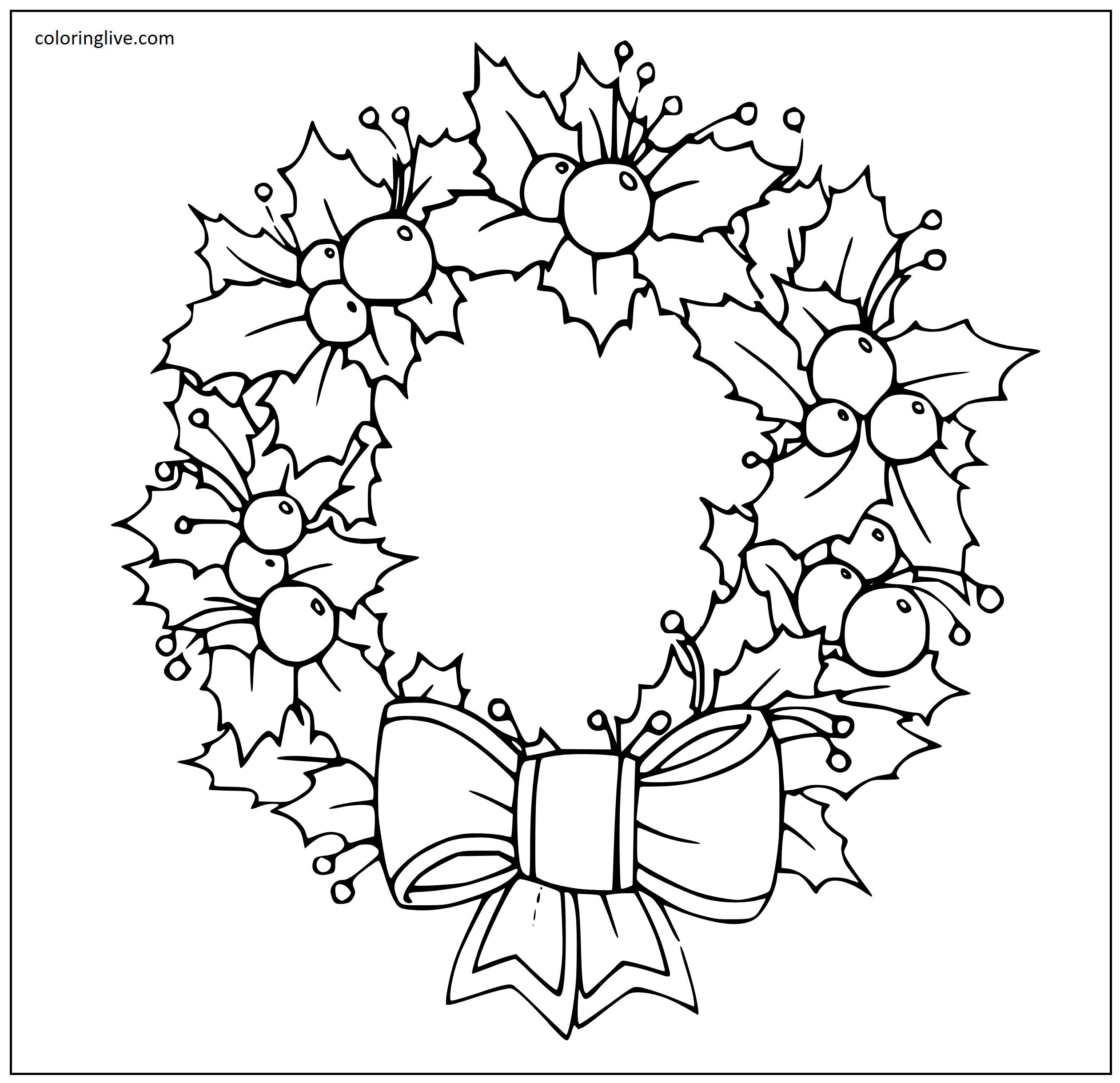 Printable Beautiful Christmas Wreath with a Bowknot Coloring Page for kids.