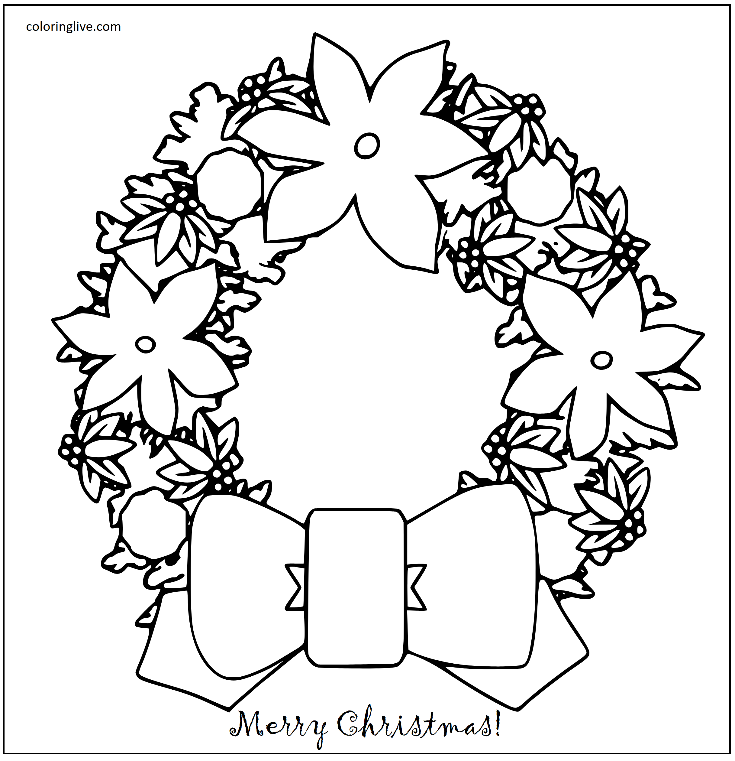 Printable Merry Christmas Wreath with a Bowknot Coloring Page for kids.