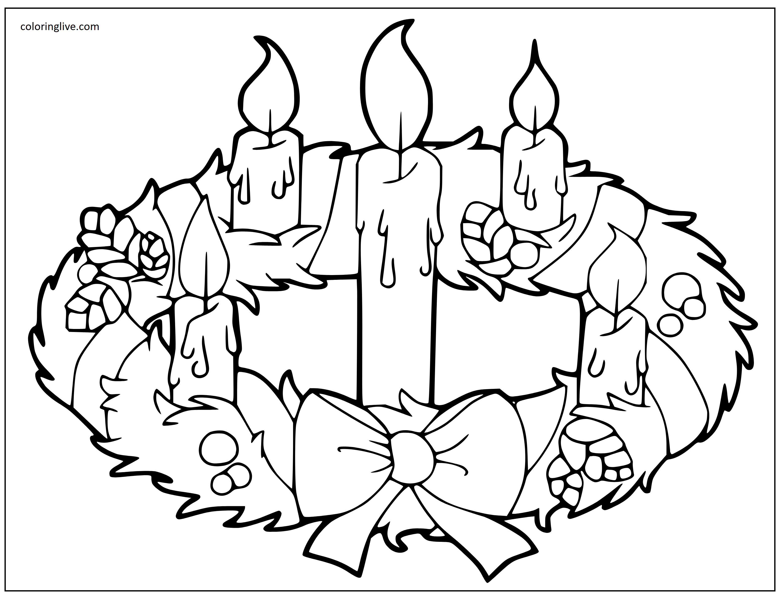 Printable Christmas Wreath with Candles Coloring Page for kids.