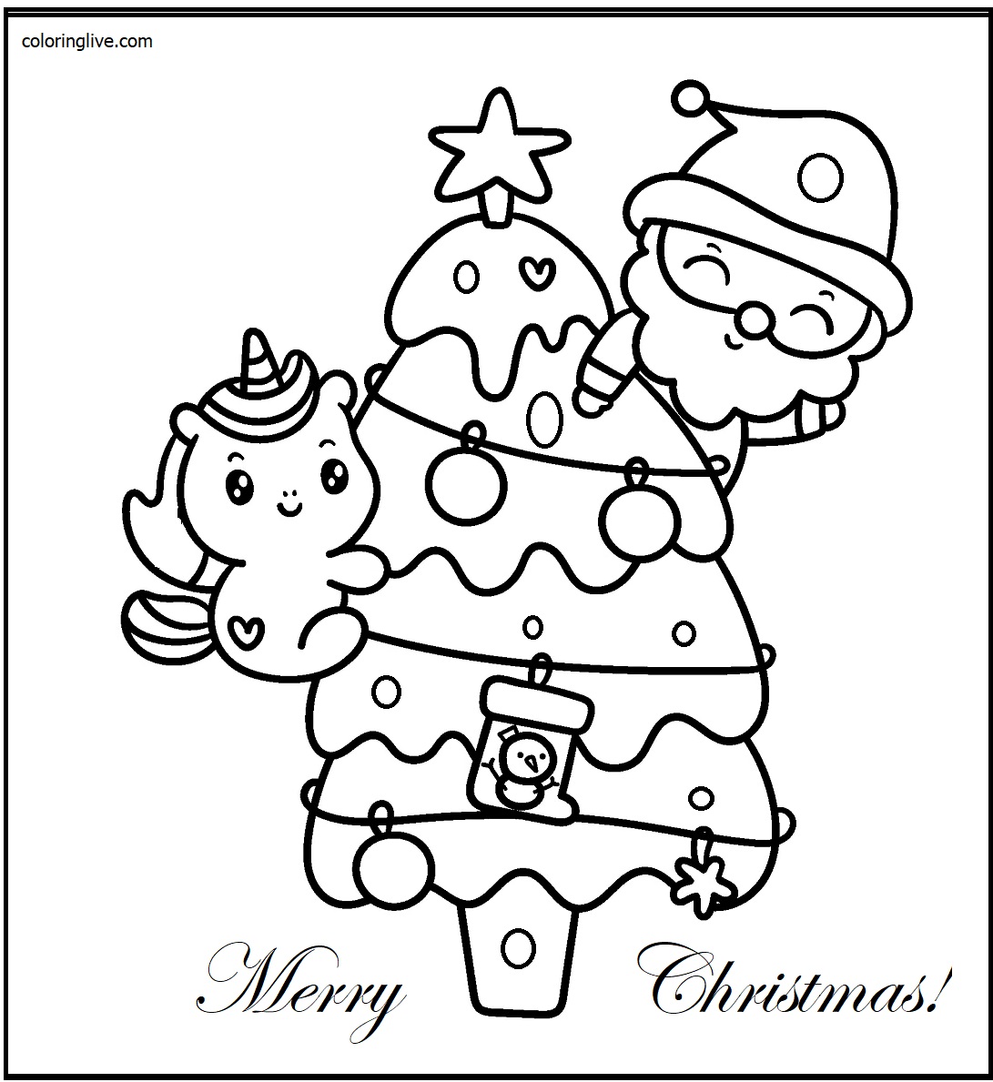 Printable Christmas tree and santa Merry Christmas  sheet Coloring Page for kids.