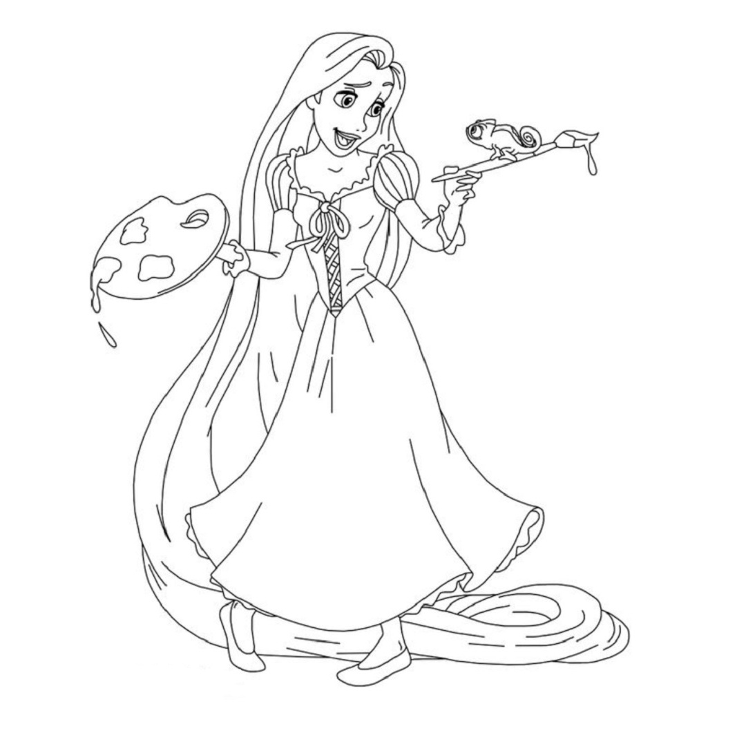 Printable Rapunzel and Pascal painting Coloring Page for kids.