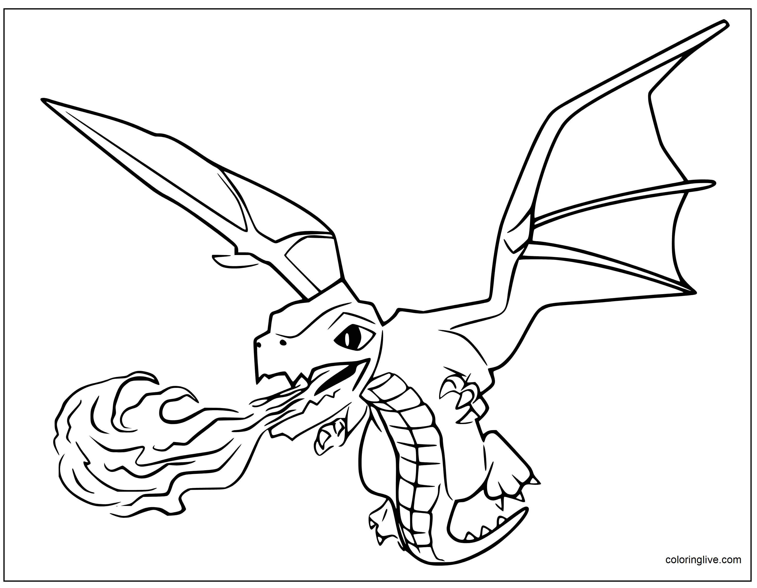 Printable Dragon spitting fire Coloring Page for kids.