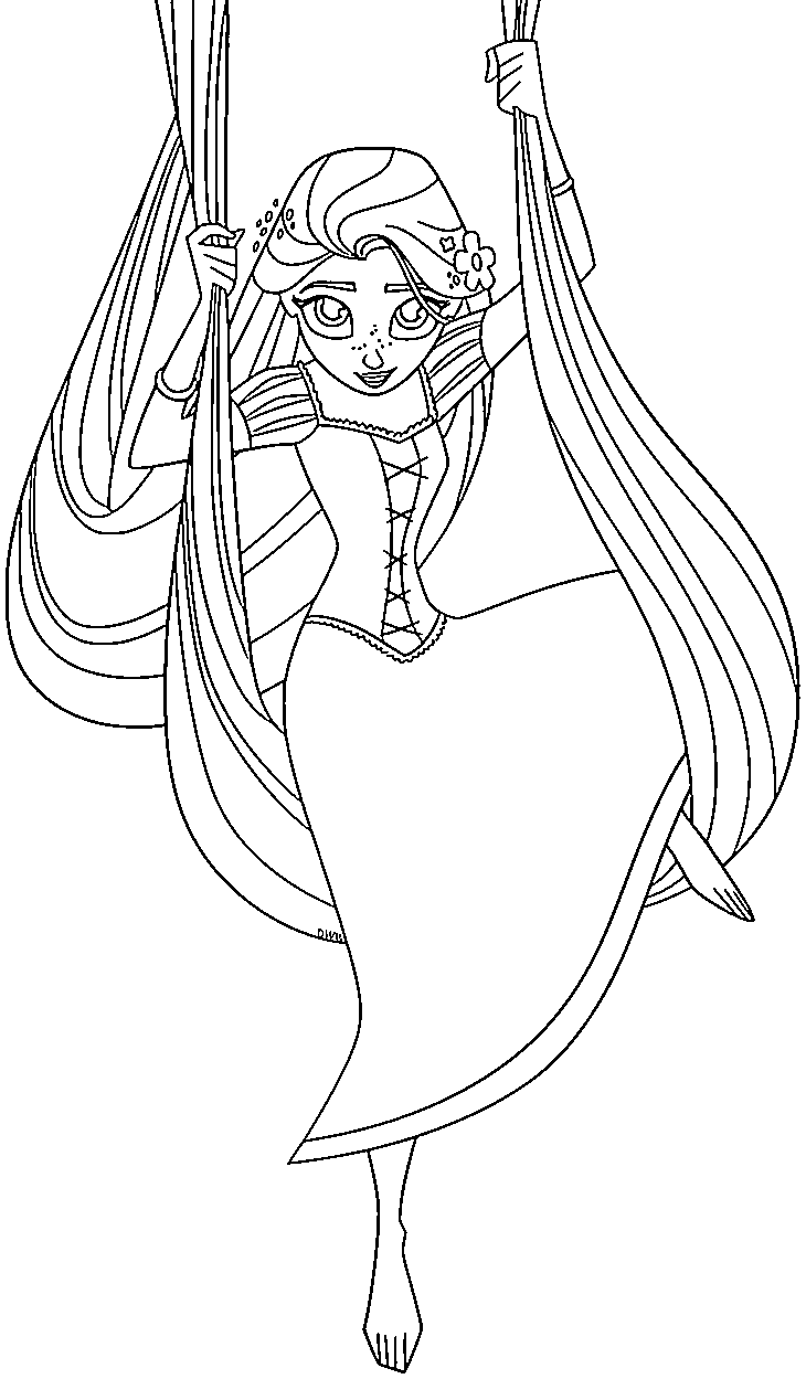 Printable Rapunzel holding her hair Coloring Page for kids.