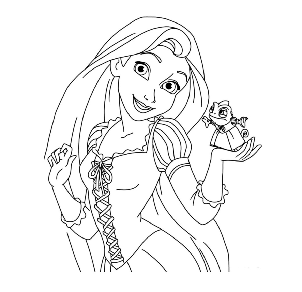 Printable Rapunzel with Pascal (chameleon) Coloring Page for kids.