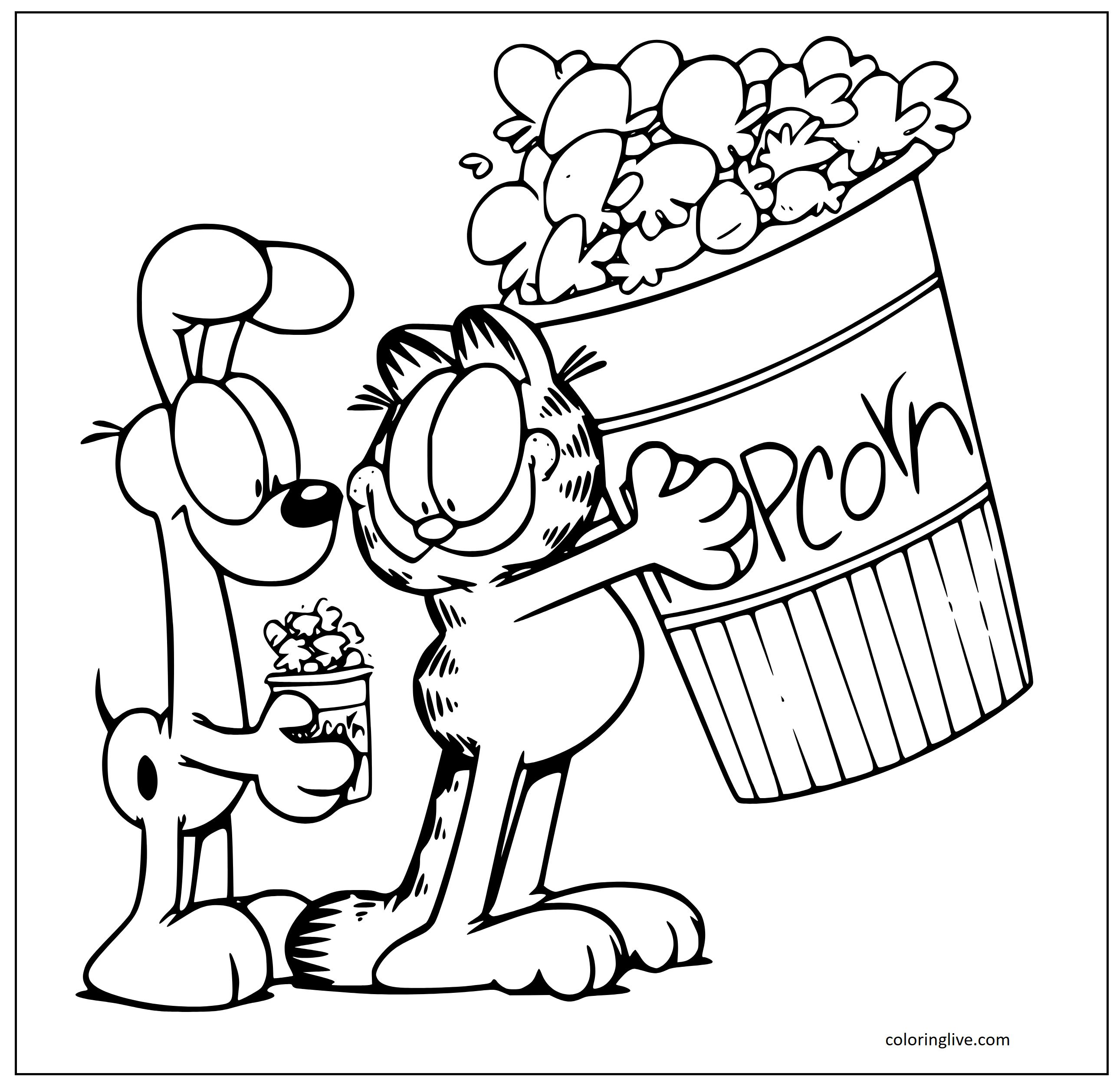 Printable Odie eating popcorn with garfield Coloring Page for kids.