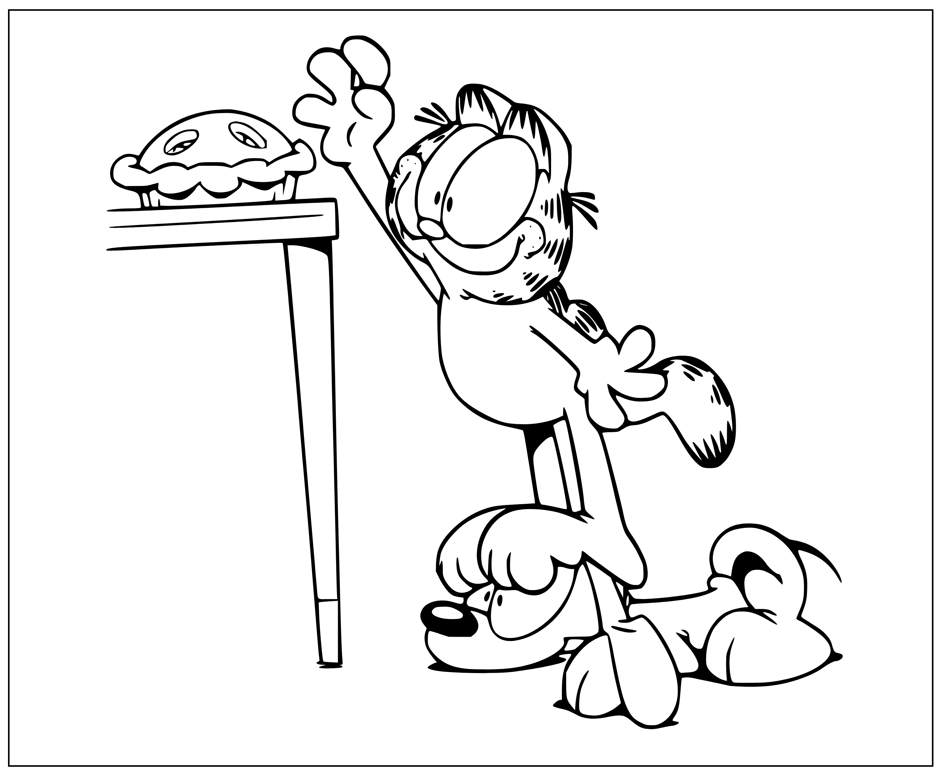 Printable Odie and Garfield eating pie Coloring Page for kids.