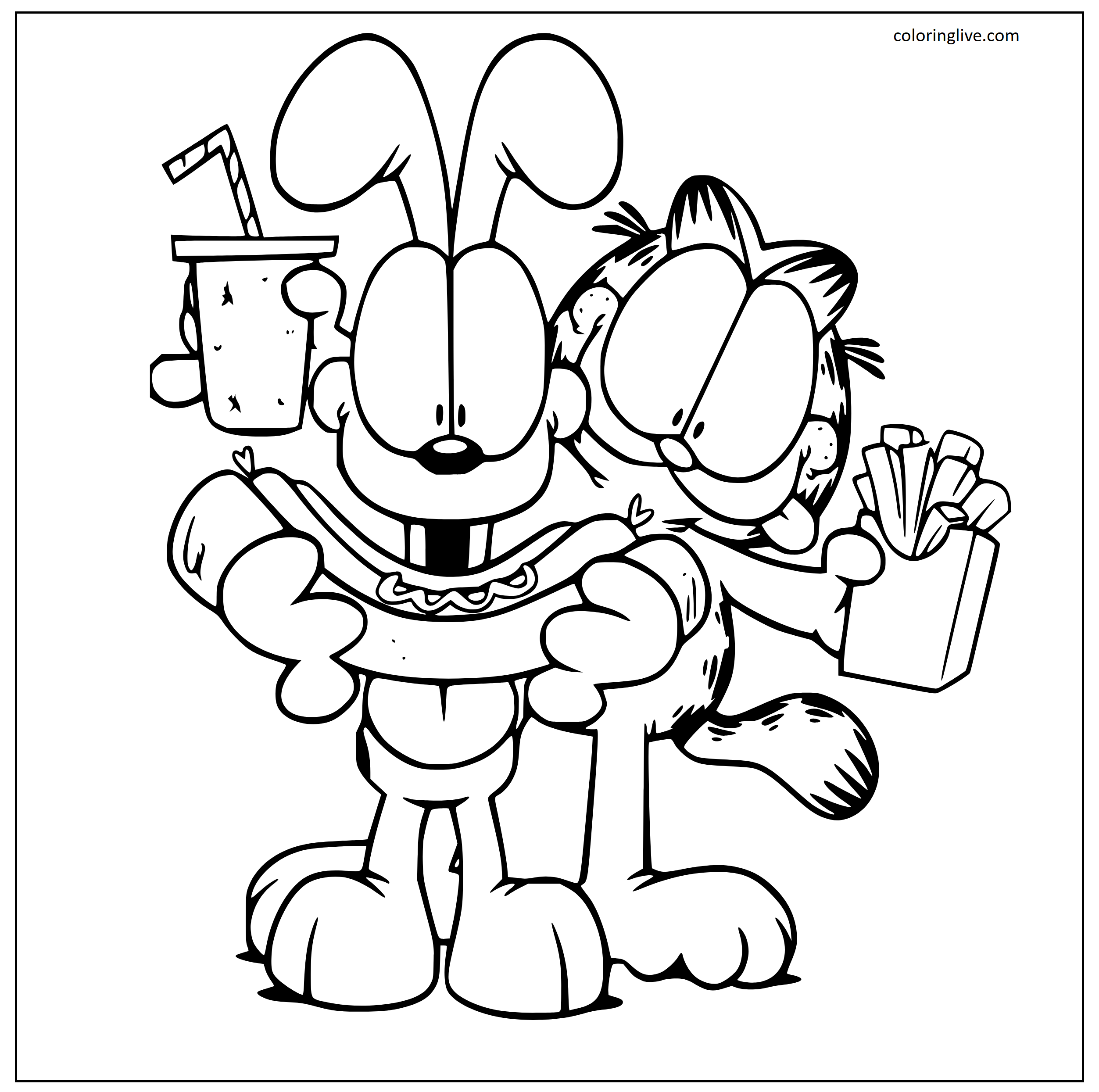 Printable Odie and Garfield eating hotdog Coloring Page for kids.