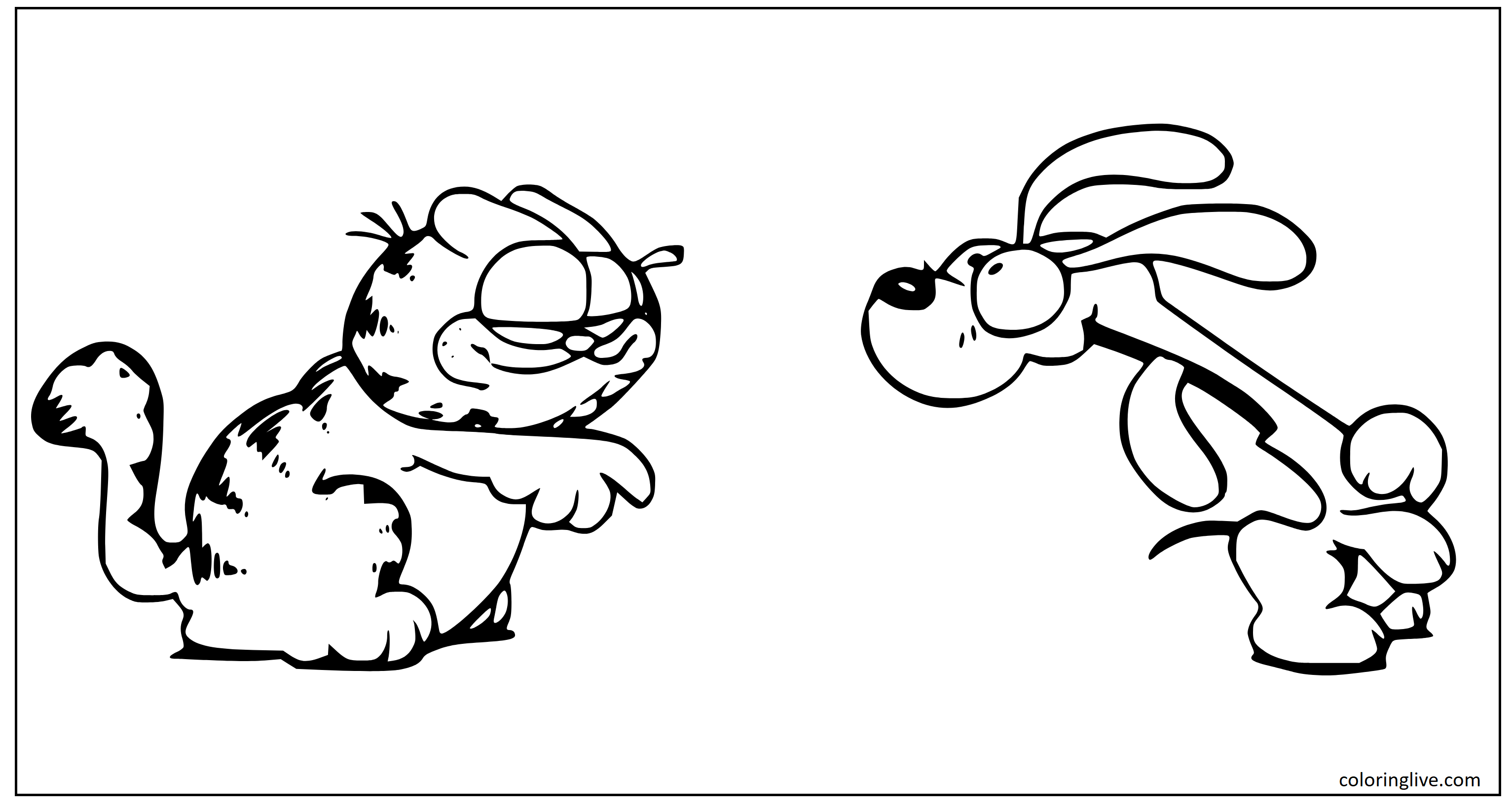Printable Garfield and Odie looking at each other Coloring Page for kids.