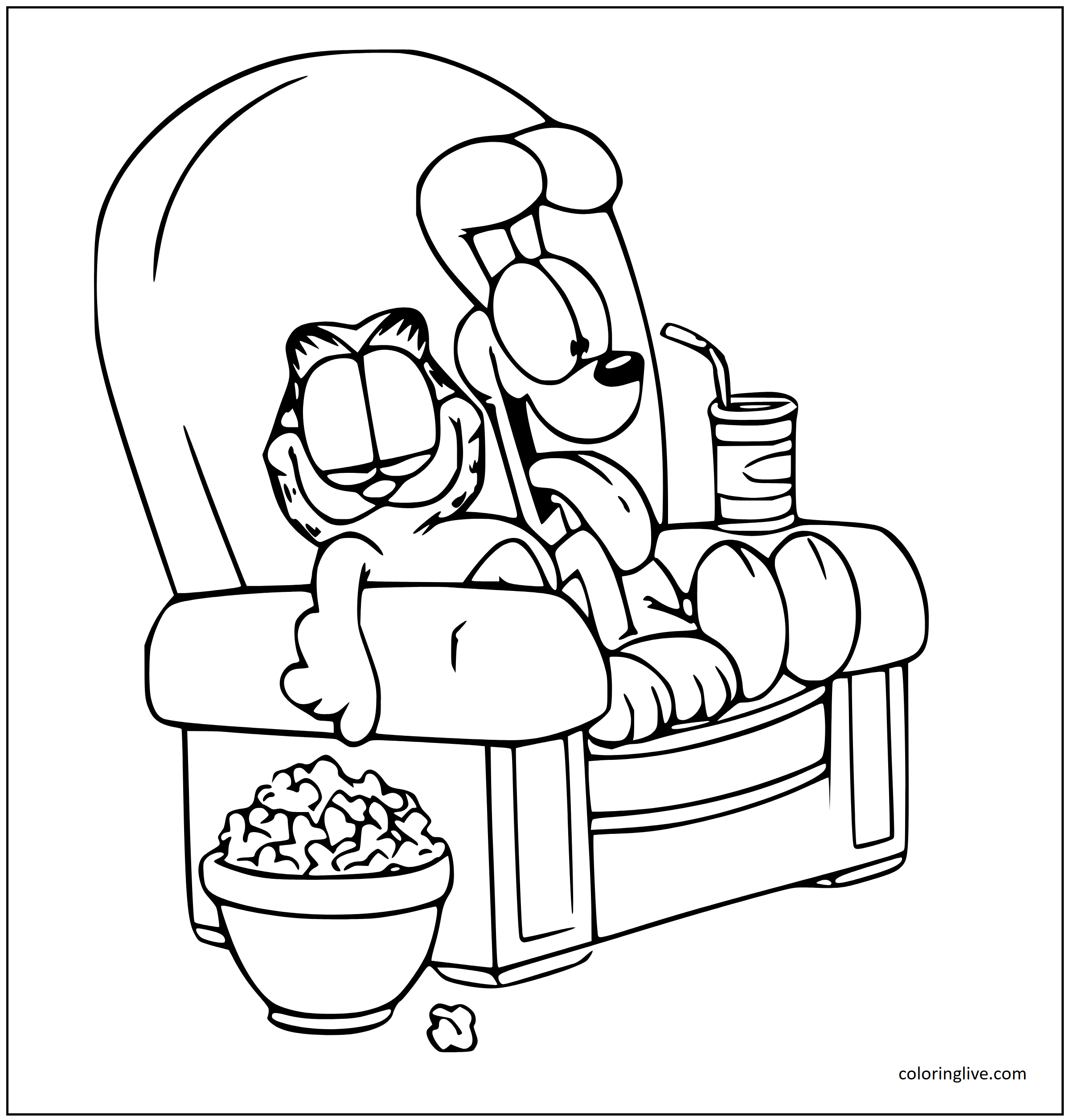 Printable Garfield Odie watching tv Coloring Page for kids.