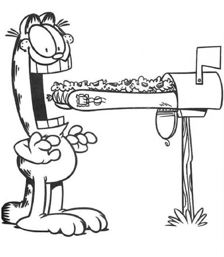 Printable Garfield eating mails Coloring Page for kids.