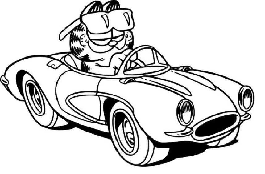 Printable Garfield's Sport Car Coloring Page for kids.