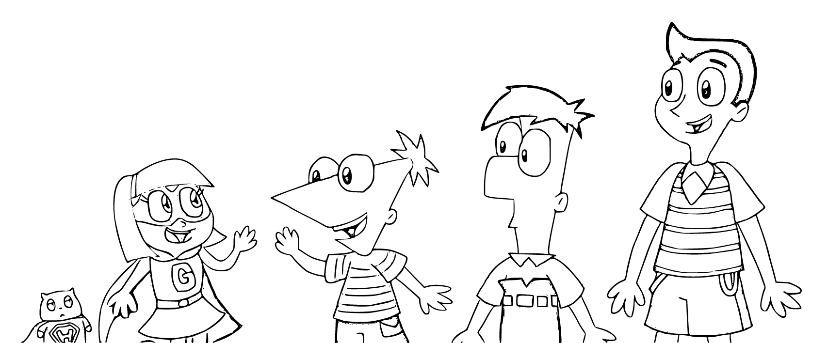 Printable Gretel, Hamster, Phineas, Ferb, Milo outline for ! Coloring Page for kids.