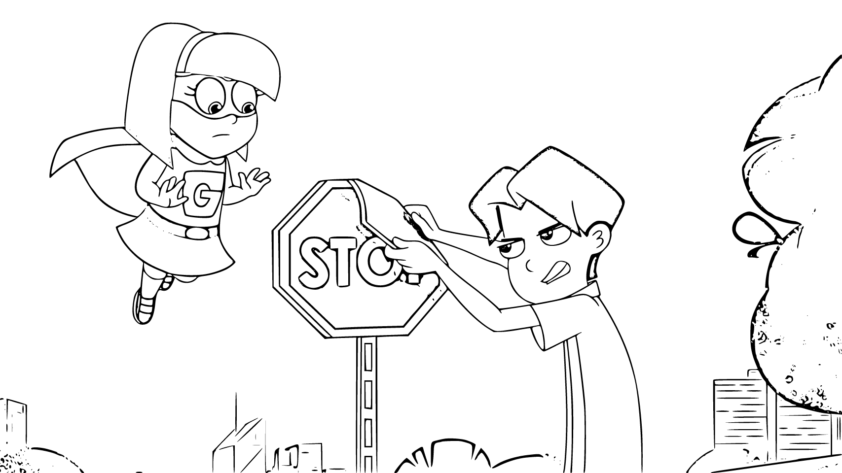 Printable Gretel, Kevin and Stop Sign Coloring Page for kids.