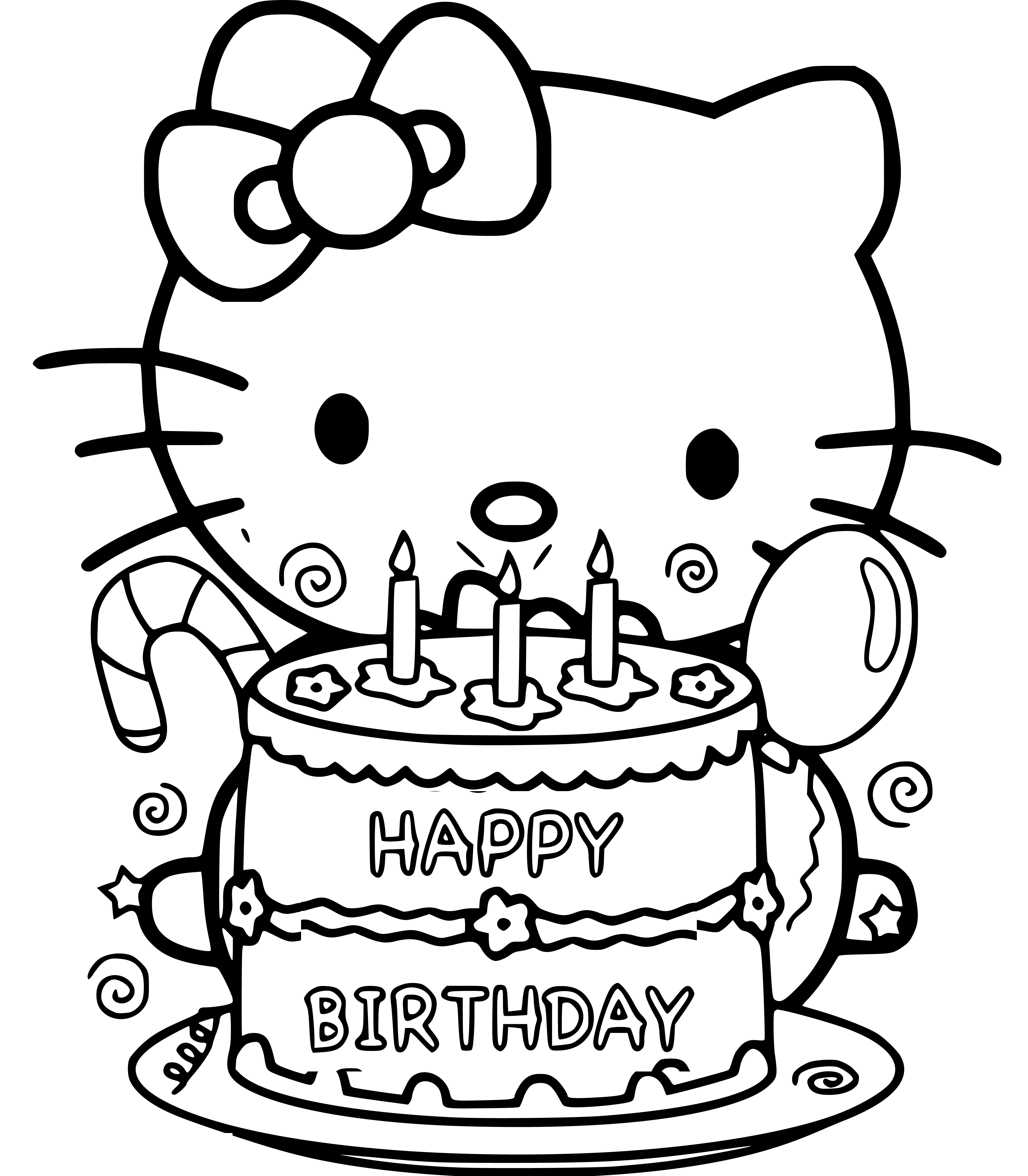 Printable Hello Kitty Happy Birthday Coloring Page for kids.