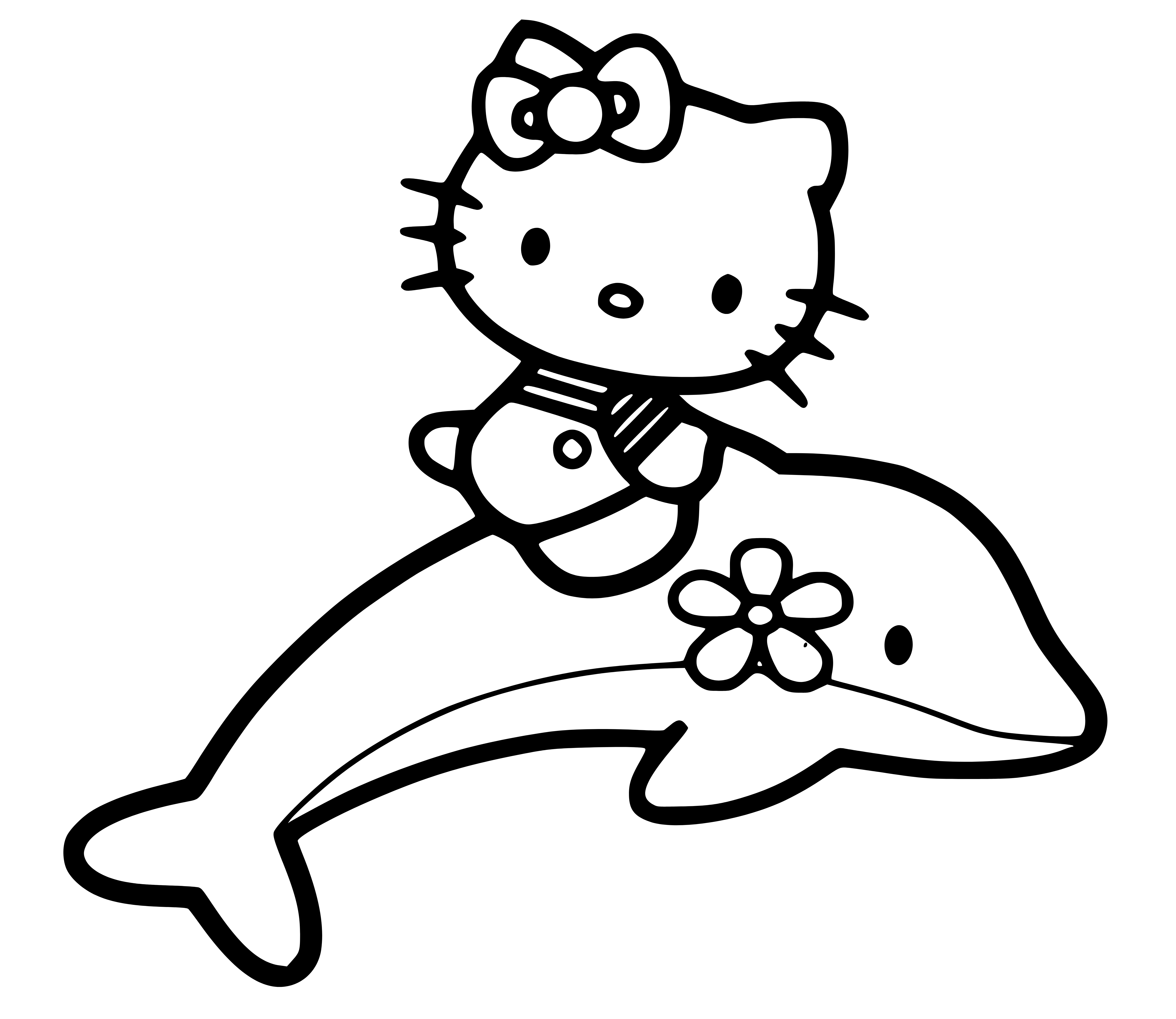 Printable Hello Kitty Dolphin Coloring Page for kids.