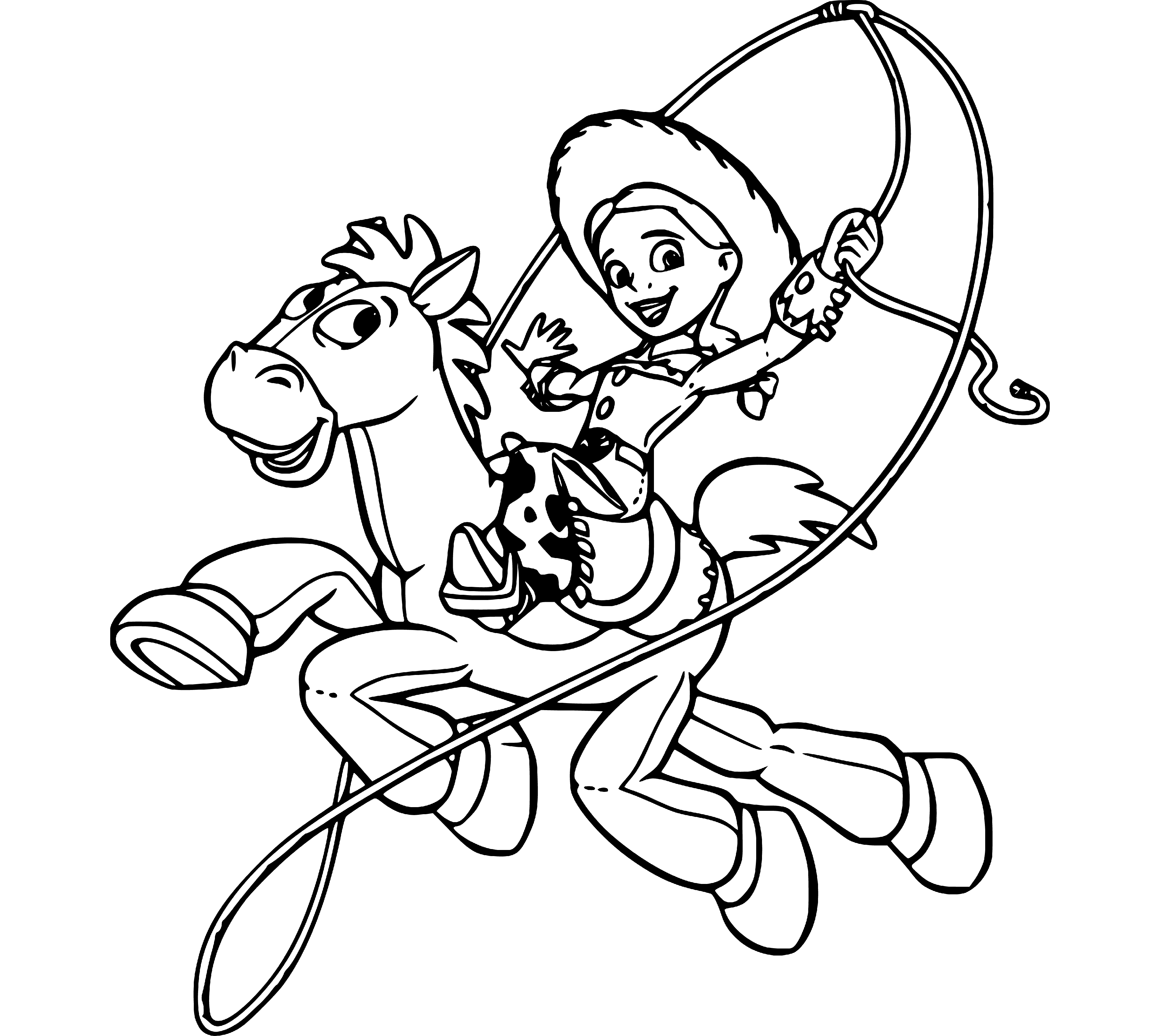 Printable Jessie riding a horse Coloring Page for kids.