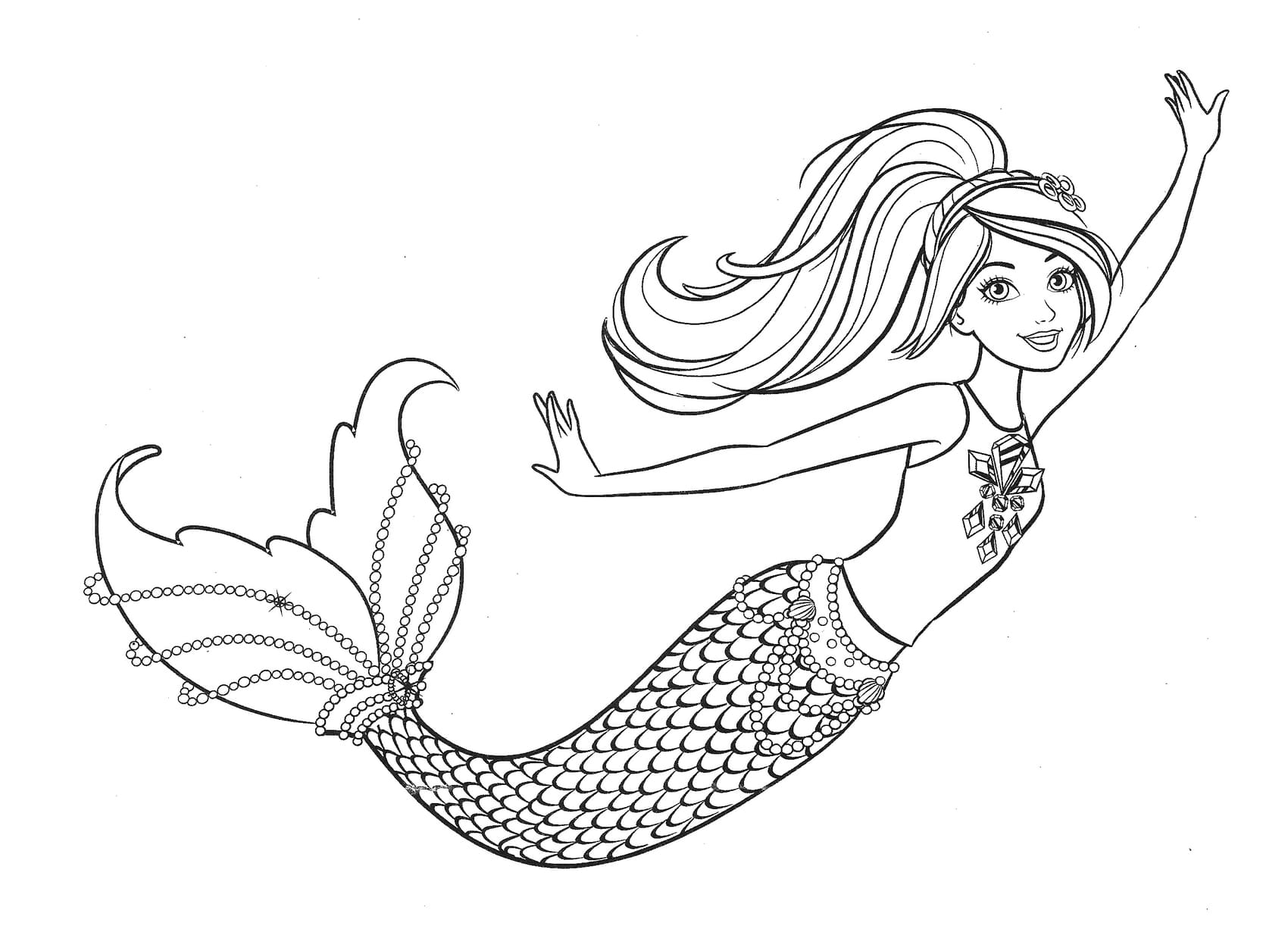 Printable Swimming Mermaid Barbie Coloring Page for kids.