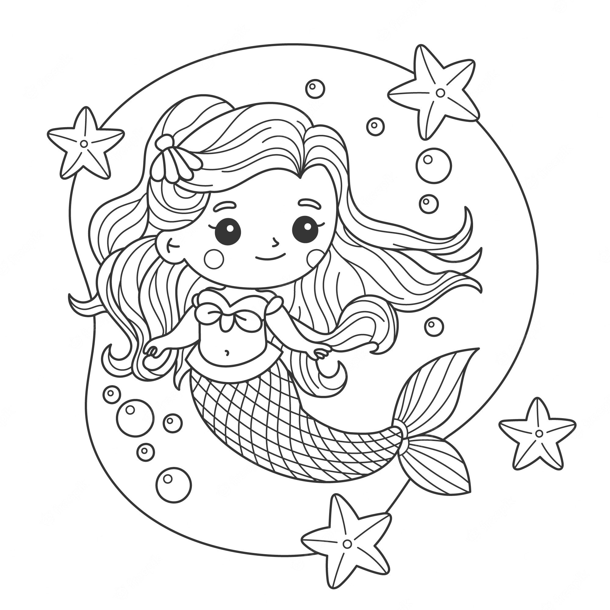 Printable Kid Mermaid Black White Coloring Page for kids.