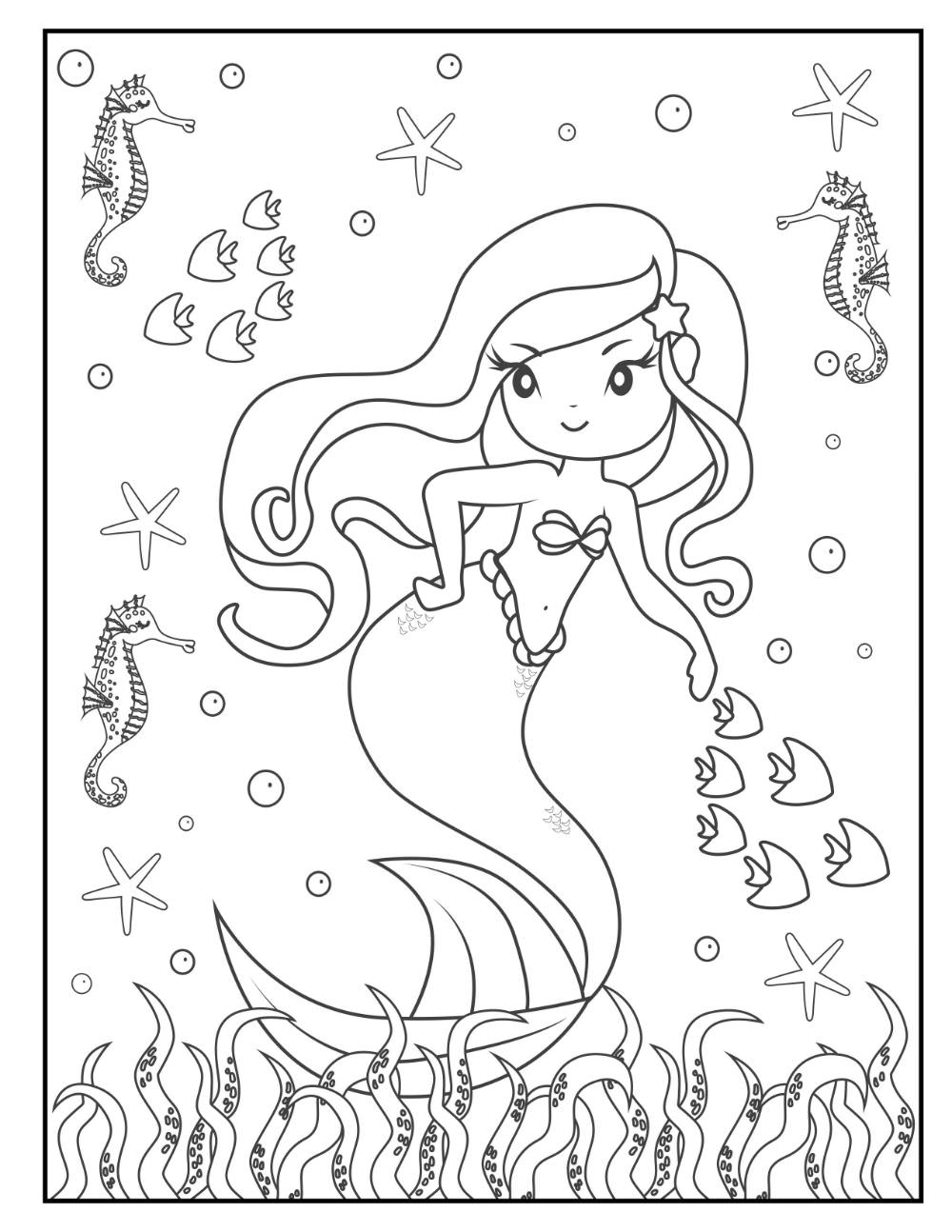 Printable kid mermaid Coloring Page for kids.